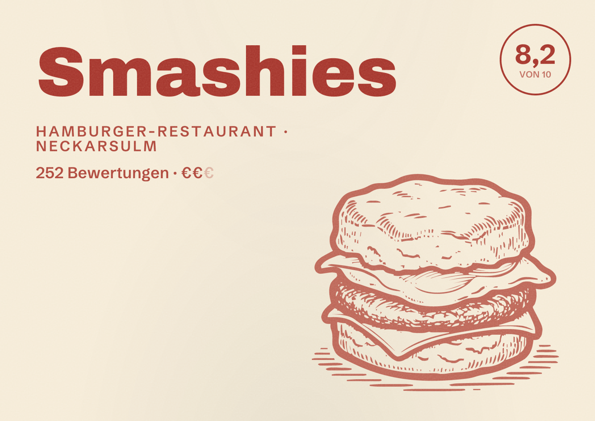 Illustriertes Poster von Smashies, Hamburger-Restaurant in Neckarsulm: Bewertung 8,2 von 10 aus 252 Bewertungen, Preisniveau €€