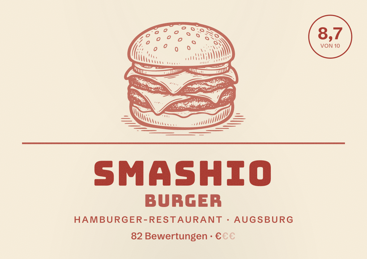 Illustriertes Poster von Smashio Burger, Hamburger-Restaurant in Augsburg: Bewertung 8,7 von 10 aus 82 Bewertungen, Preisniveau €