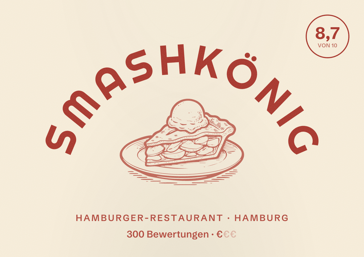 Illustriertes Poster von Smashkönig, Hamburger-Restaurant in Hamburg: Bewertung 8,7 von 10 aus 300 Bewertungen, Preisniveau €