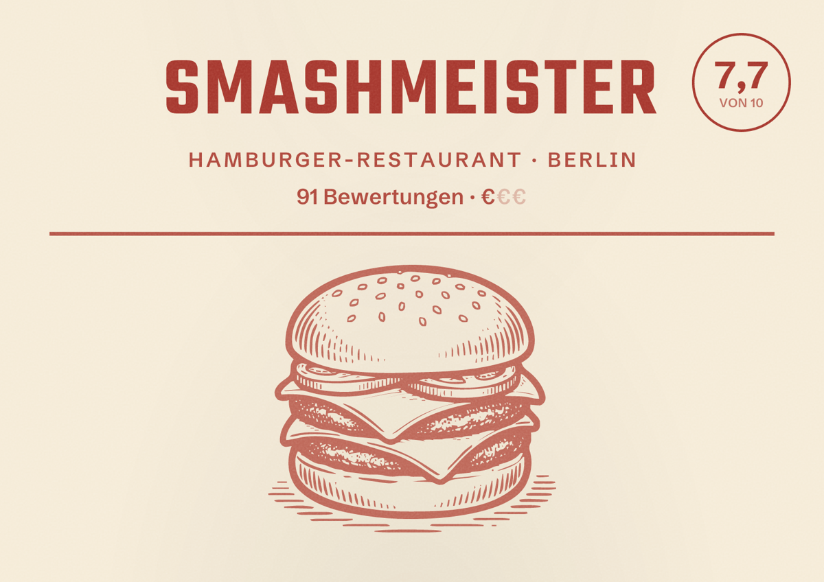 Illustriertes Poster von Smashmeister, Hamburger-Restaurant in Berlin: Bewertung 7,7 von 10 aus 91 Bewertungen, Preisniveau €
