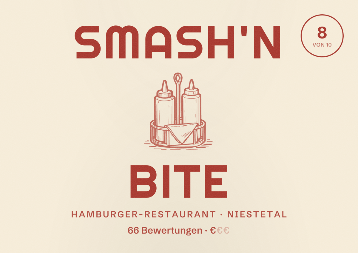 Illustriertes Poster von smash'n bite, Hamburger-Restaurant in Niestetal: Bewertung 8 von 10 aus 66 Bewertungen, Preisniveau €