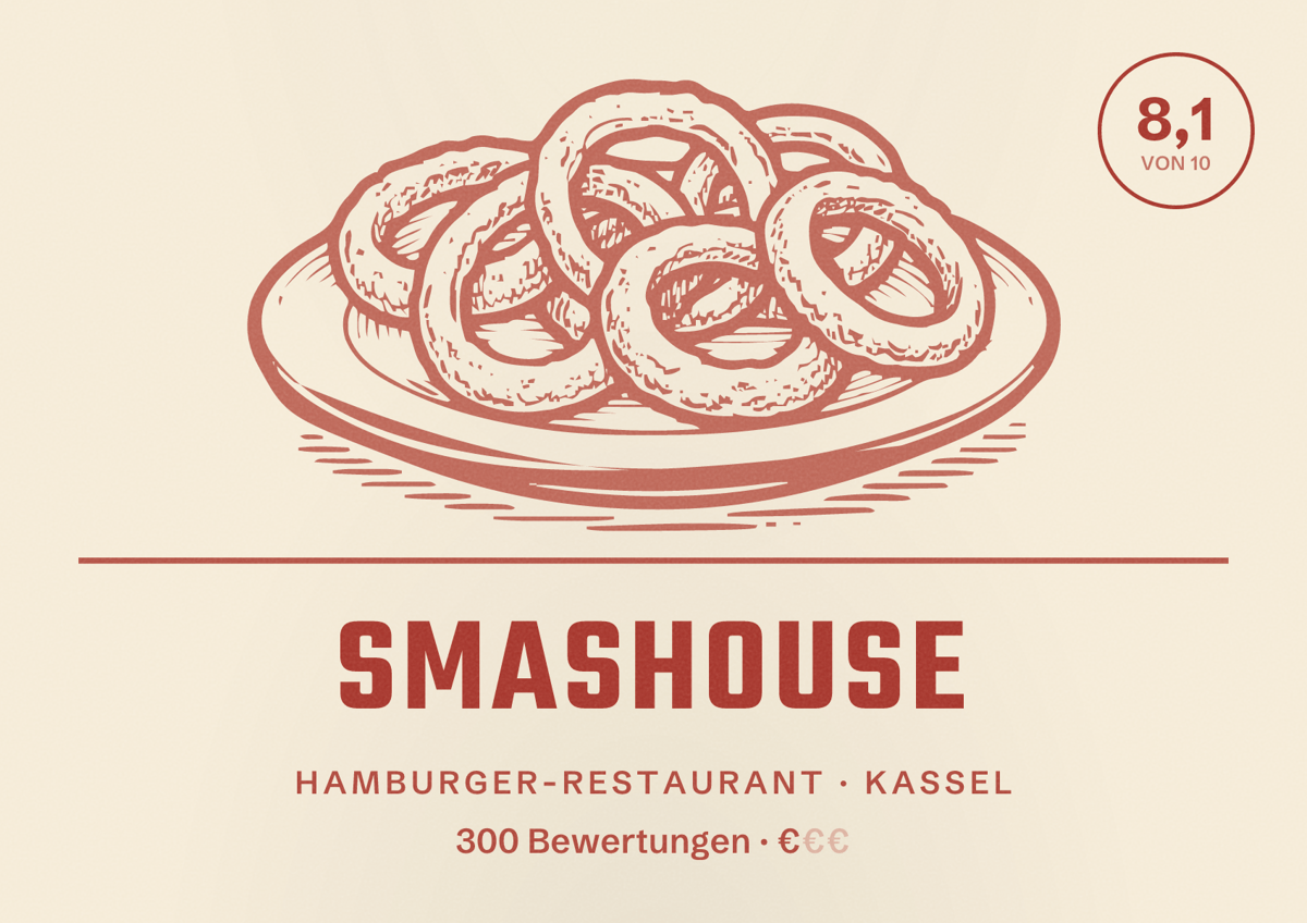 Illustriertes Poster von SmasHouse, Hamburger-Restaurant in Kassel: Bewertung 8,1 von 10 aus 300 Bewertungen, Preisniveau €