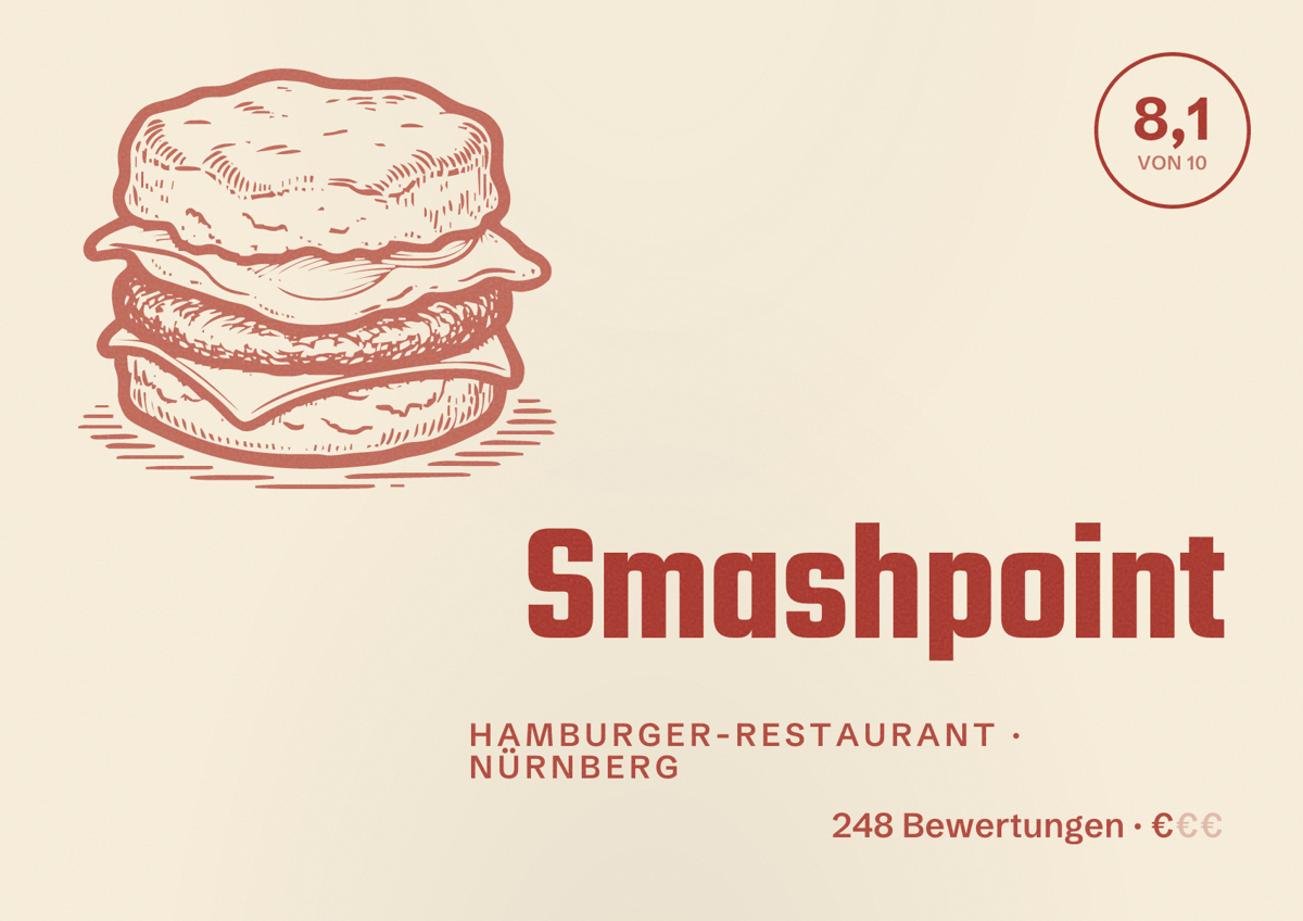 Illustriertes Poster von Smashpoint, Hamburger-Restaurant in Nürnberg: Bewertung 8,1 von 10 aus 248 Bewertungen, Preisniveau €