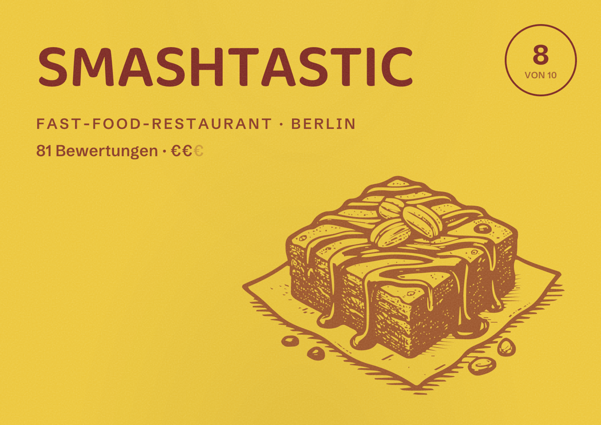 Illustriertes Poster von SMASHTASTIC, Fast-Food-Restaurant in Berlin: Bewertung 8,0 von 10 aus 81 Bewertungen, Preisniveau €€