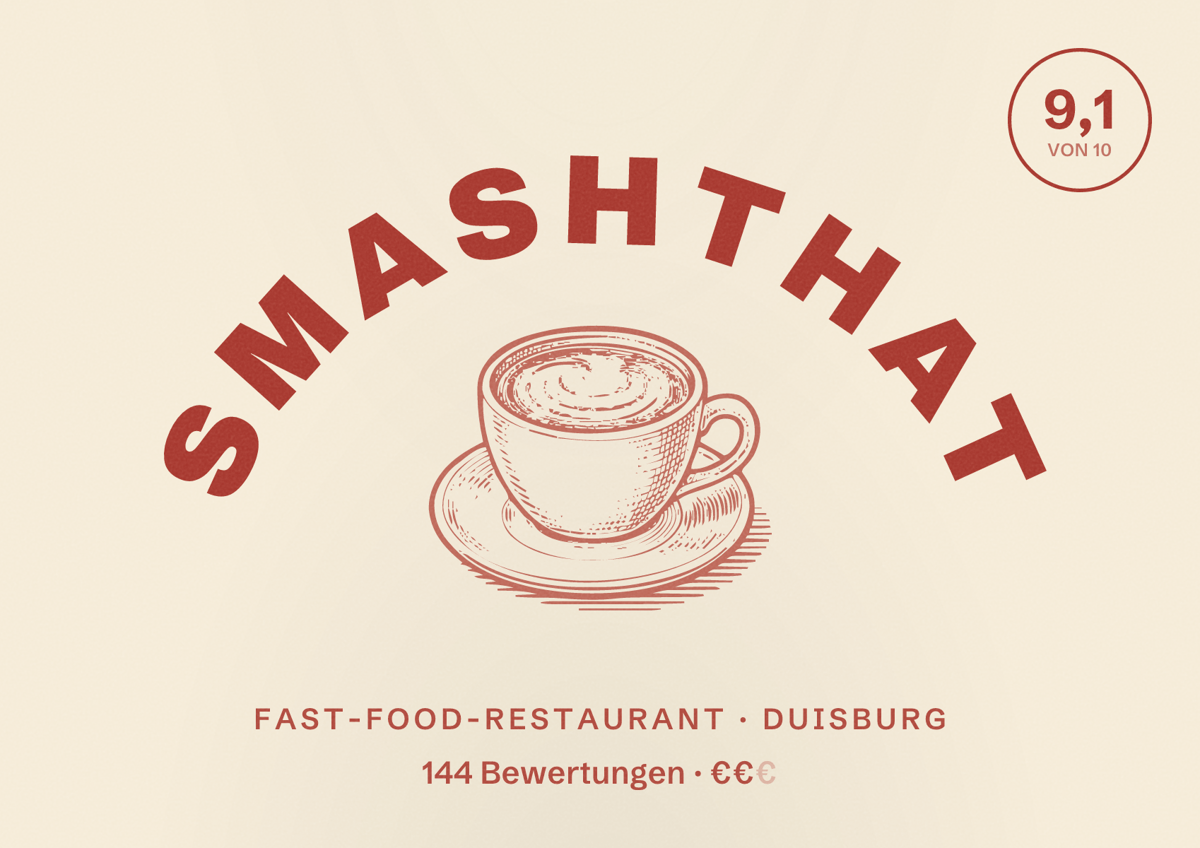 Illustriertes Poster von Smashthat, Fast-Food-Restaurant in Duisburg: Bewertung 9,1 von 10 aus 144 Bewertungen, Preisniveau €€