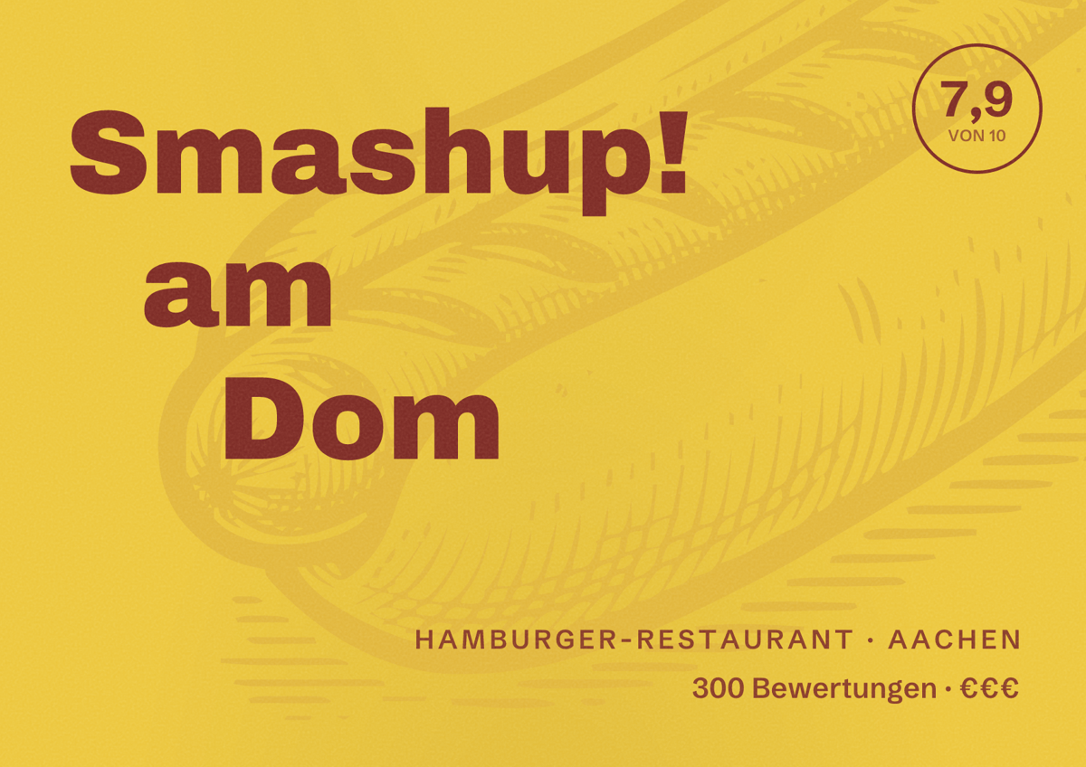 Illustriertes Poster von Smashup! am Dom, Hamburger-Restaurant in Aachen: Bewertung 7,9 von 10 aus 300 Bewertungen, Preisniveau €€€