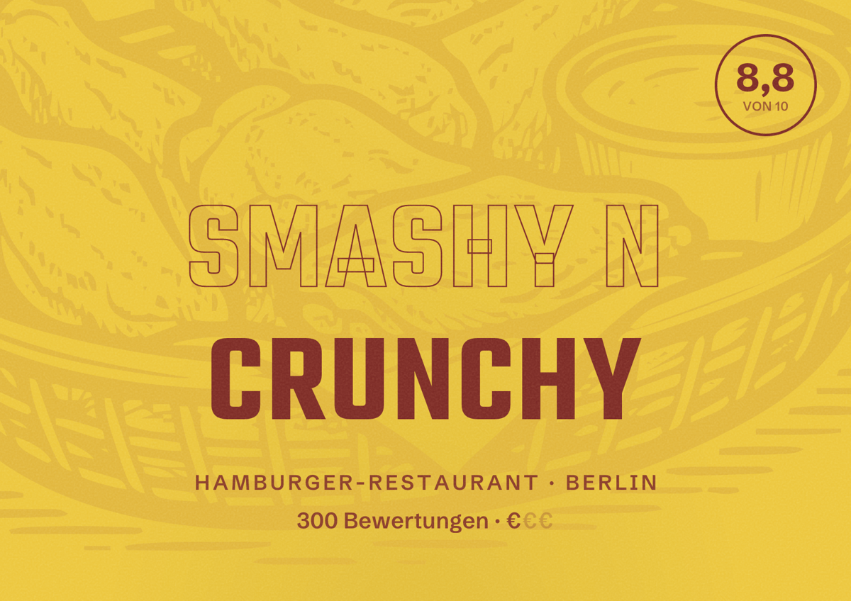 Illustriertes Poster von Smashy N Crunchy, Hamburger-Restaurant in Berlin: Bewertung 8,8 von 10 aus 300 Bewertungen, Preisniveau €