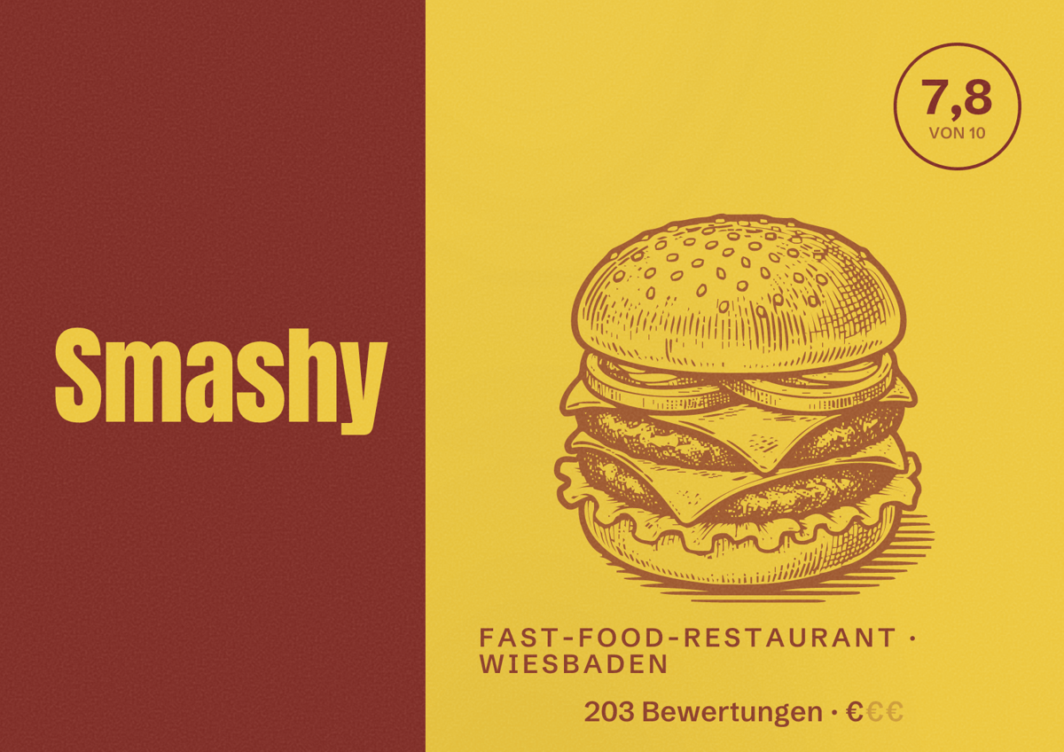 Illustriertes Poster von Smashy, Fast-Food-Restaurant in Wiesbaden: Bewertung 7,8 von 10 aus 203 Bewertungen, Preisniveau €