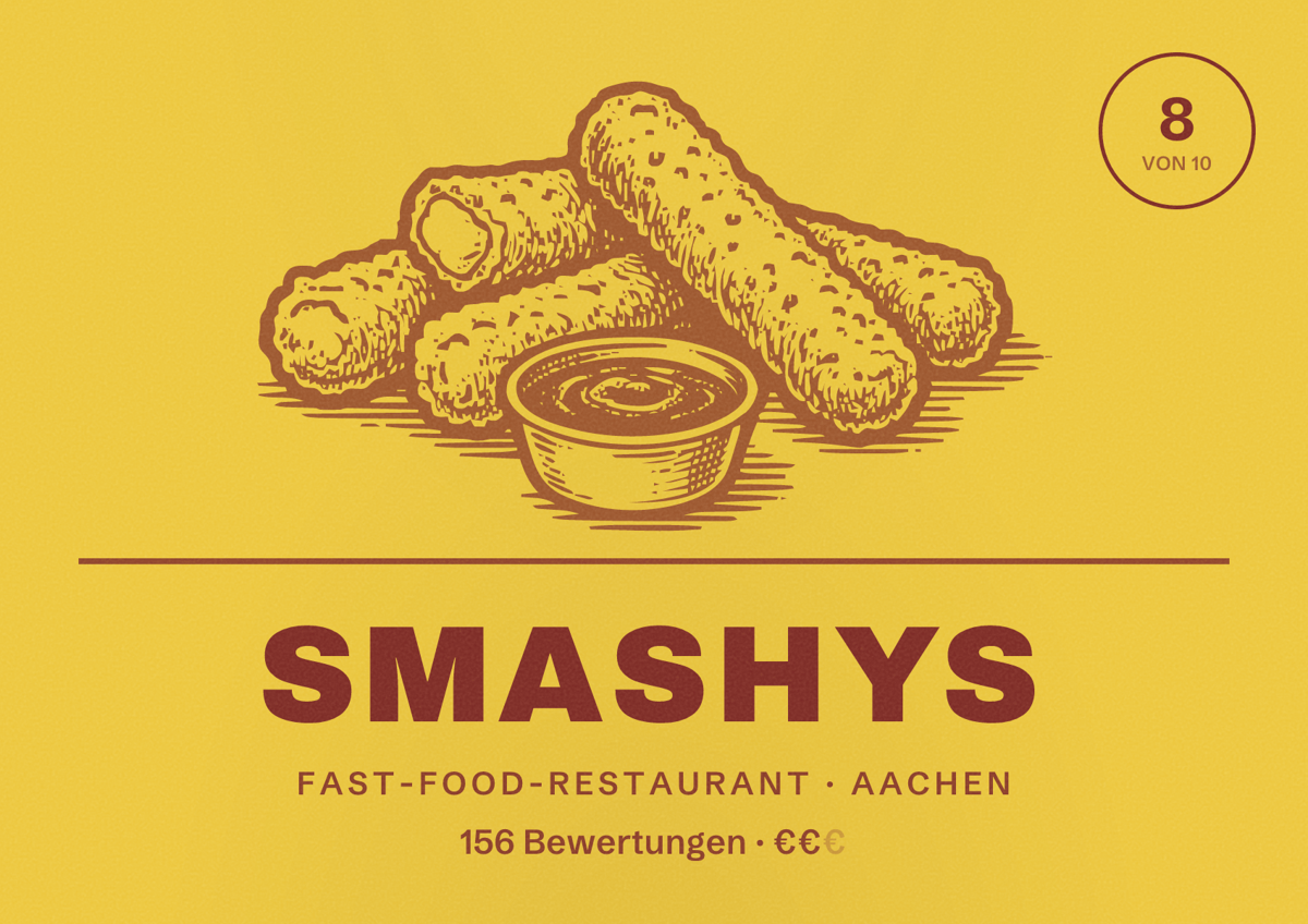 Illustriertes Poster von Smashys, Fast-Food-Restaurant in Aachen: Bewertung 8,0 von 10 aus 156 Bewertungen, Preisniveau €€