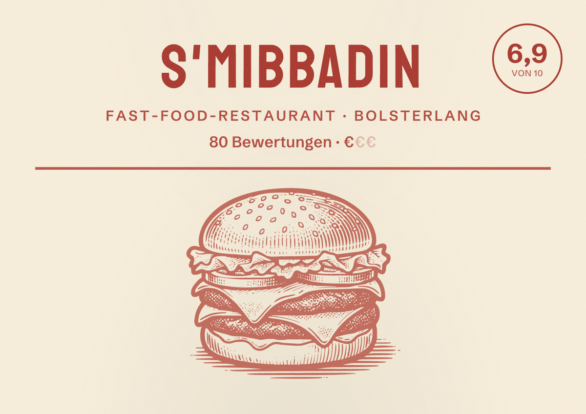 Illustriertes Poster von s'Mibbadin, Fast-Food-Restaurant in Bolsterlang: Bewertung 6,9 von 10 aus 80 Bewertungen, Preisniveau €