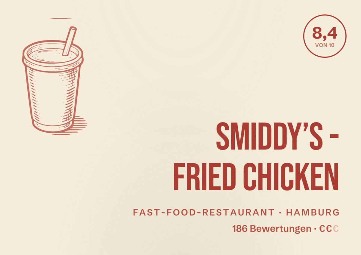 Illustriertes Poster von Smiddy’s - Fried Chicken, Fast-Food-Restaurant in Hamburg: Bewertung 8,4 von 10 aus 186 Bewertungen, Preisniveau €€