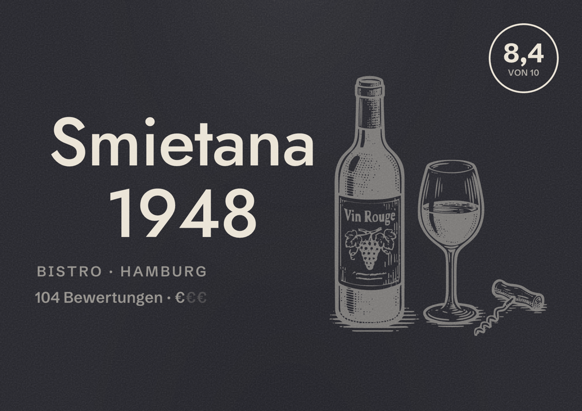 Illustriertes Poster von Smietana 1948, Bistro in Hamburg: Bewertung 8,4 von 10 aus 104 Bewertungen, Preisniveau €