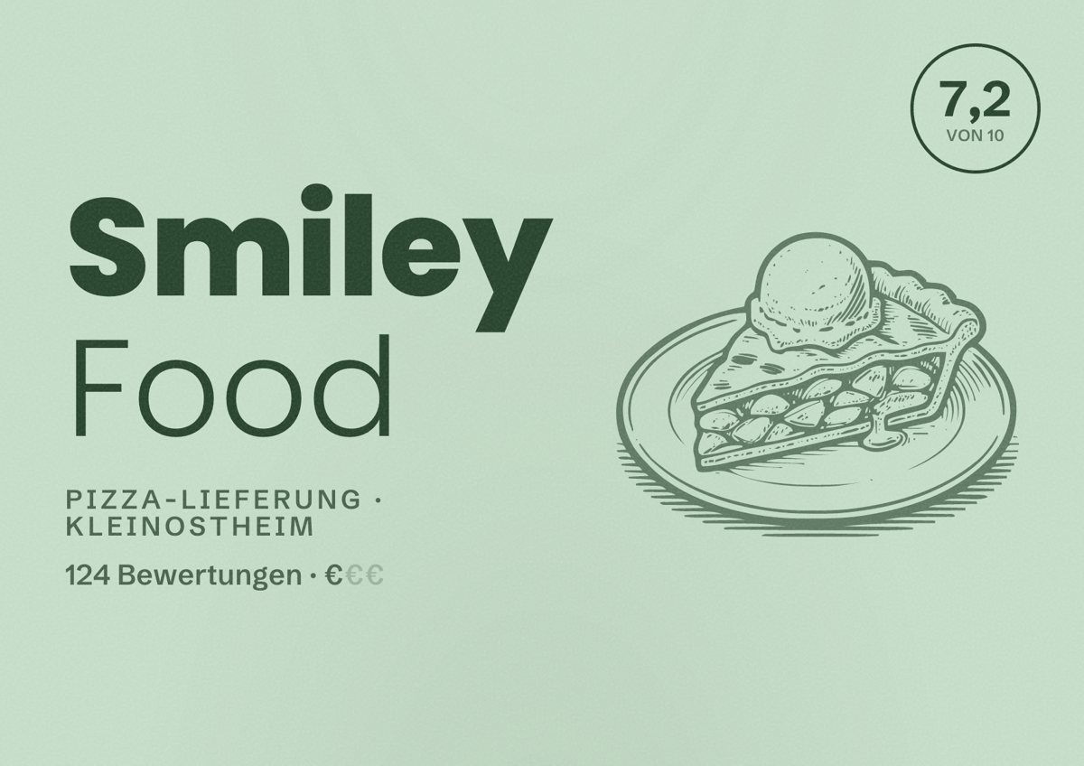 Illustriertes Poster von Smiley Food, Pizza-Lieferung in Kleinostheim: Bewertung 7,2 von 10 aus 124 Bewertungen, Preisniveau €