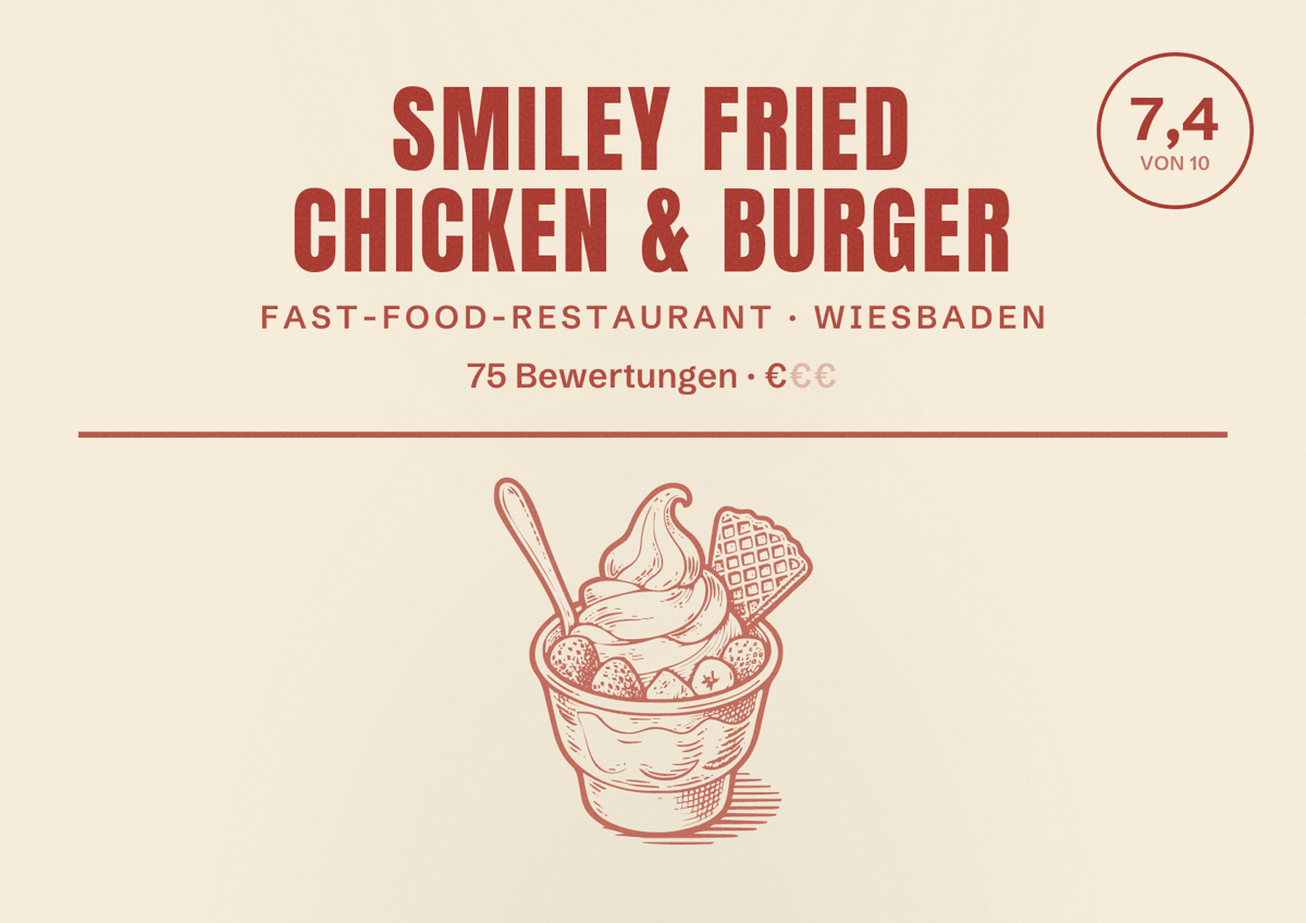 Illustriertes Poster von Smiley Fried Chicken & Burger, Fast-Food-Restaurant in Wiesbaden: Bewertung 7,4 von 10 aus 75 Bewertungen, Preisniveau €