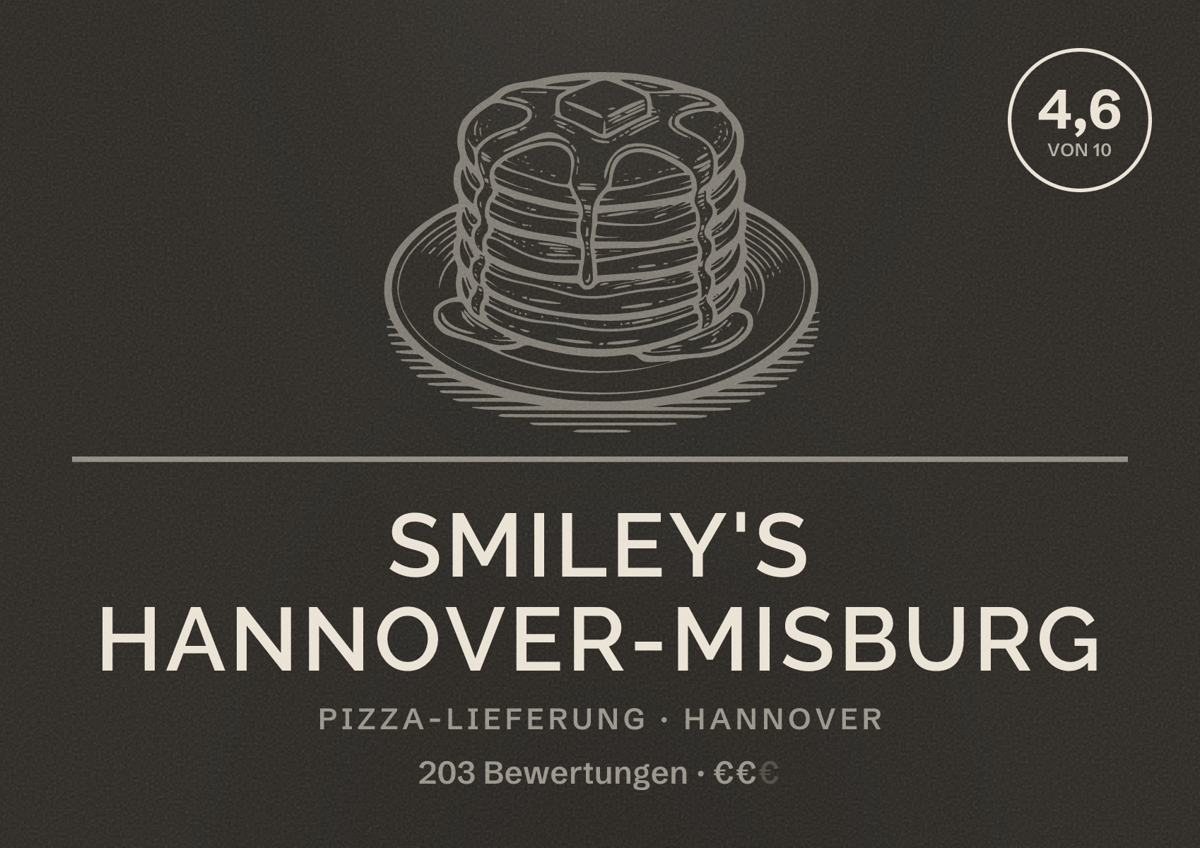Illustriertes Poster von Smiley's Hannover-Misburg, Pizza-Lieferung in Hannover: Bewertung 4,6 von 10 aus 203 Bewertungen, Preisniveau €€