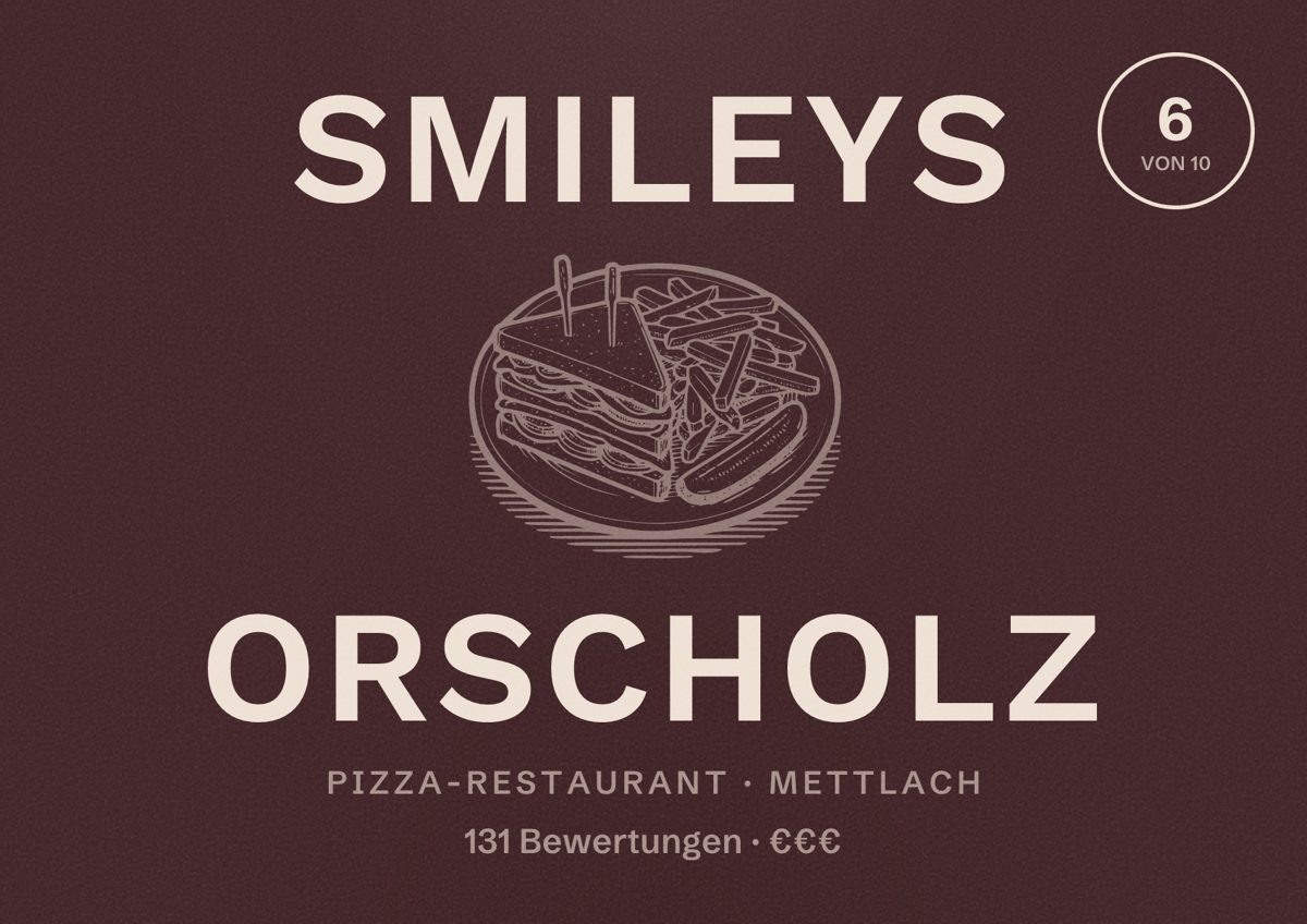 Illustriertes Poster von Smileys Orscholz, Pizza-Restaurant in Mettlach: Bewertung 6 von 10 aus 131 Bewertungen, Preisniveau €€€
