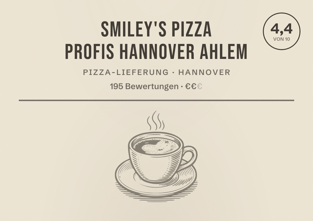 Illustriertes Poster von Smiley's Pizza Profis Hannover Ahlem, Pizza-Lieferung in Hannover: Bewertung 4,4 von 10 aus 195 Bewertungen, Preisniveau €€