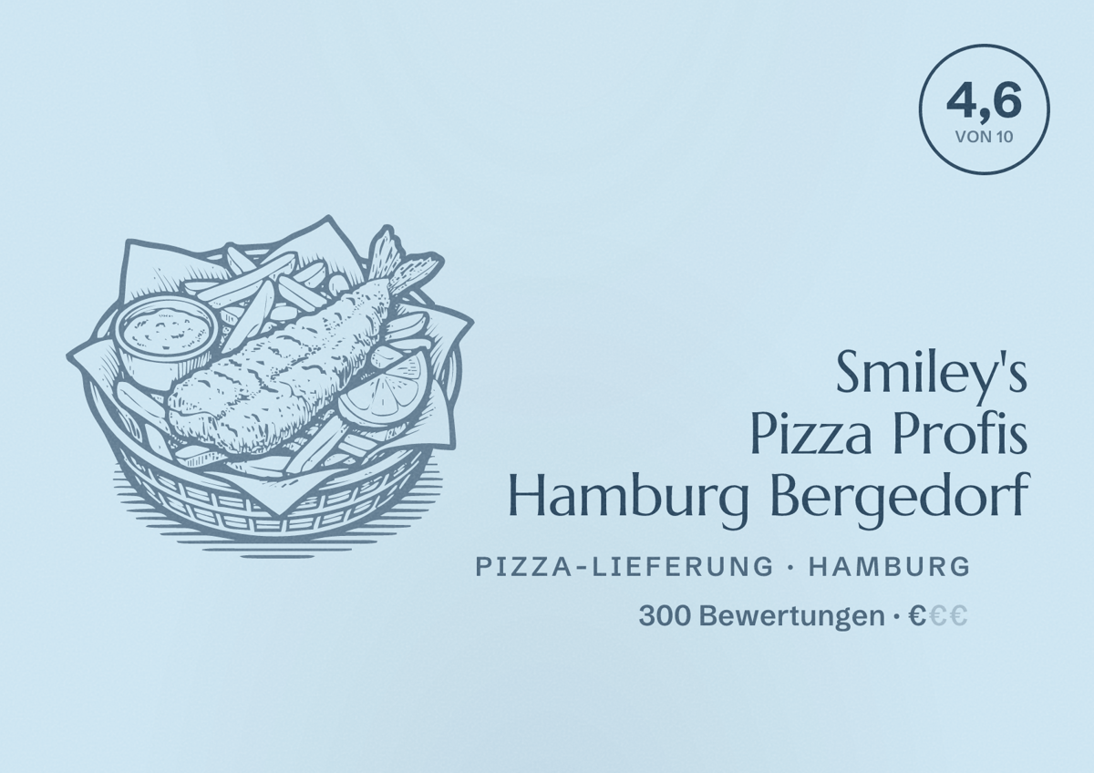 Illustriertes Poster von Smiley's Pizza Profis Hamburg Bergedorf, Pizza-Lieferung in Hamburg: Bewertung 4,6 von 10 aus 300 Bewertungen, Preisniveau €