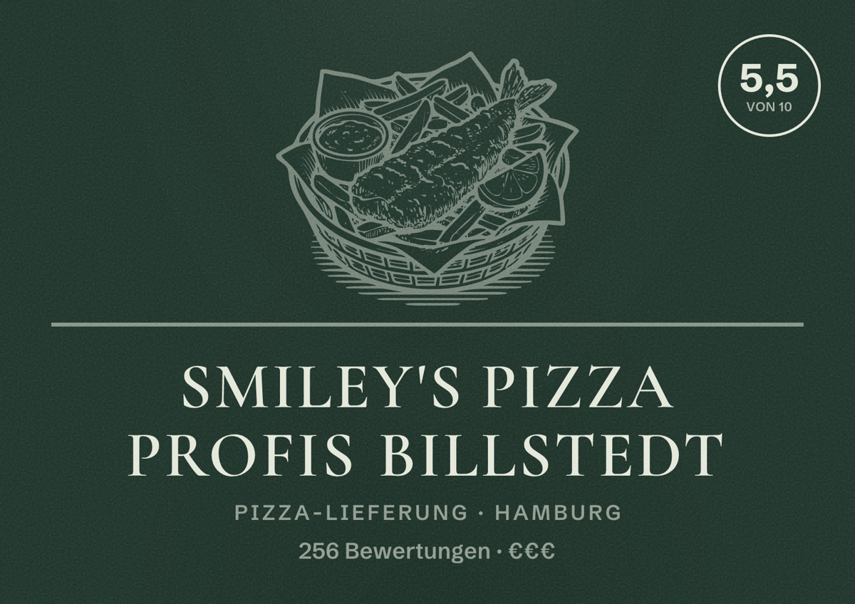 Illustriertes Poster von Smiley's Pizza Profis Billstedt, Pizza-Lieferung in Hamburg: Bewertung 5,5 von 10 aus 256 Bewertungen, Preisniveau €€€