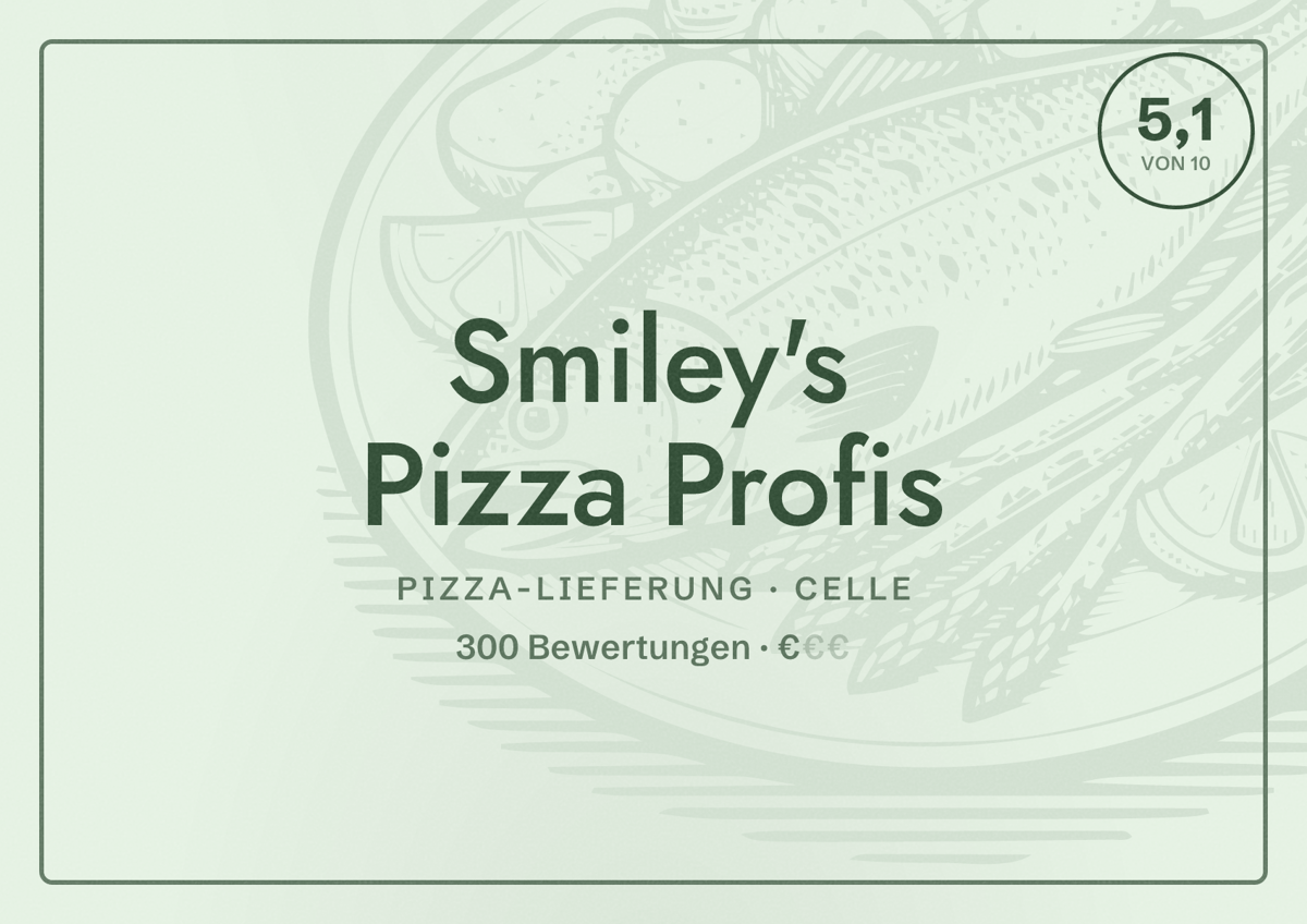 Illustriertes Poster von Smiley's Pizza Profis, Pizza-Lieferung in Celle: Bewertung 5,1 von 10 aus 300 Bewertungen, Preisniveau €