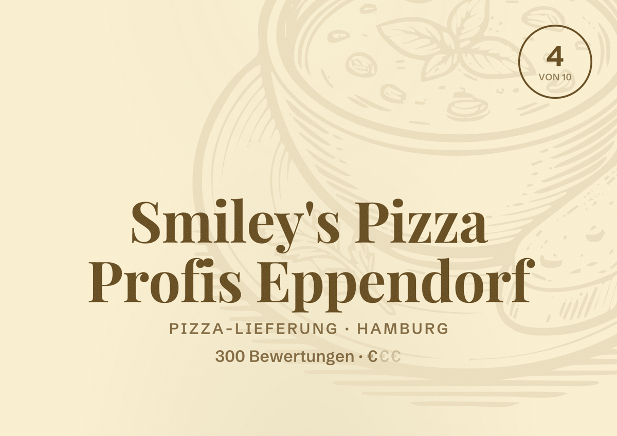 Illustriertes Poster von Smiley's Pizza Profis Eppendorf, Pizza-Lieferung in Hamburg: Bewertung 4,0 von 10 aus 300 Bewertungen, Preisniveau €