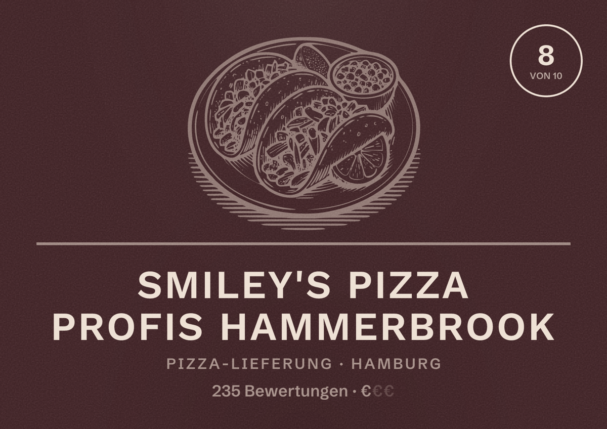 Illustriertes Poster von Smiley's Pizza Profis Hammerbrook, Pizza-Lieferung in Hamburg: Bewertung 8,0 von 10 aus 235 Bewertungen, Preisniveau €