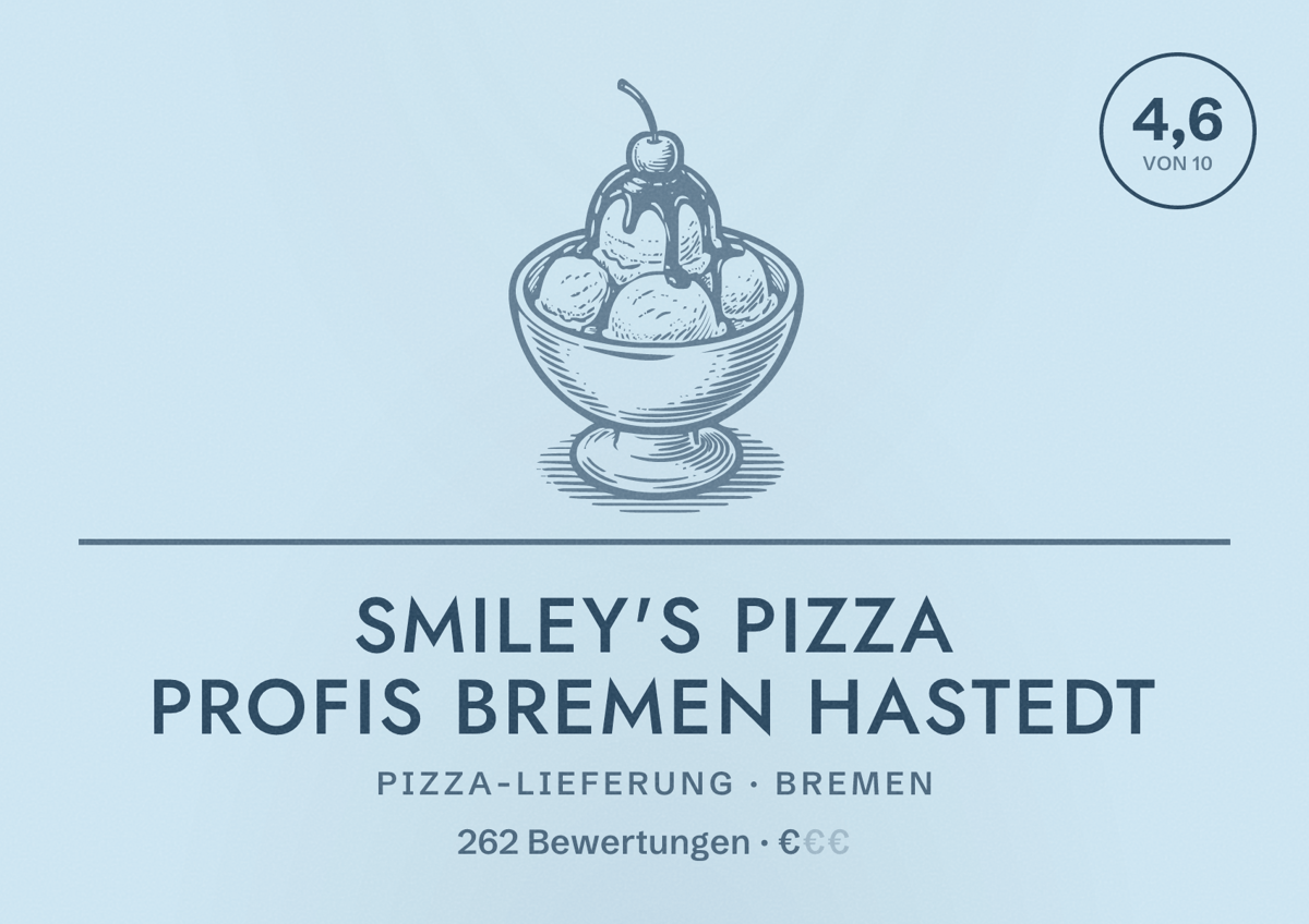 Illustriertes Poster von Smiley's Pizza Profis Bremen Hastedt, Pizza-Lieferung in Bremen: Bewertung 4,6 von 10 aus 262 Bewertungen, Preisniveau €
