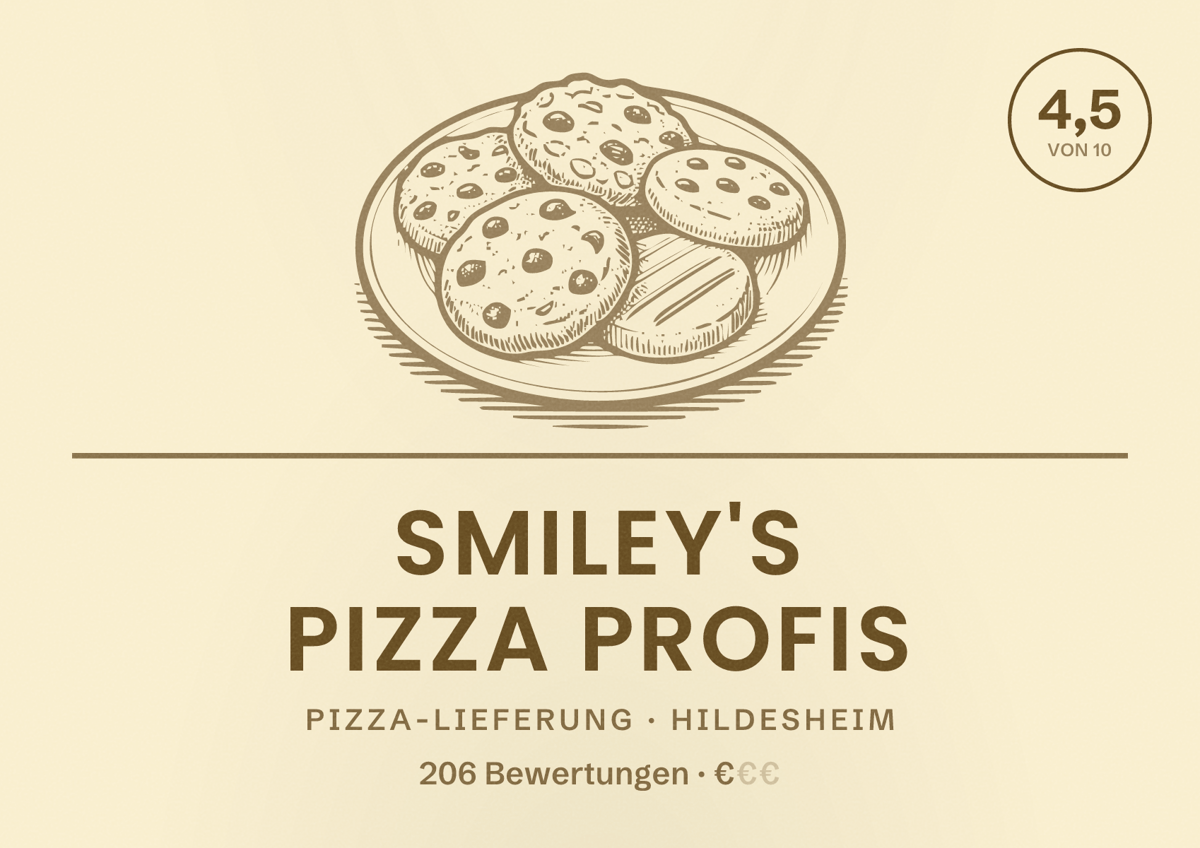 Illustriertes Poster von Smiley's Pizza Profis, Pizza-Lieferung in Hildesheim: Bewertung 4,5 von 10 aus 206 Bewertungen, Preisniveau €
