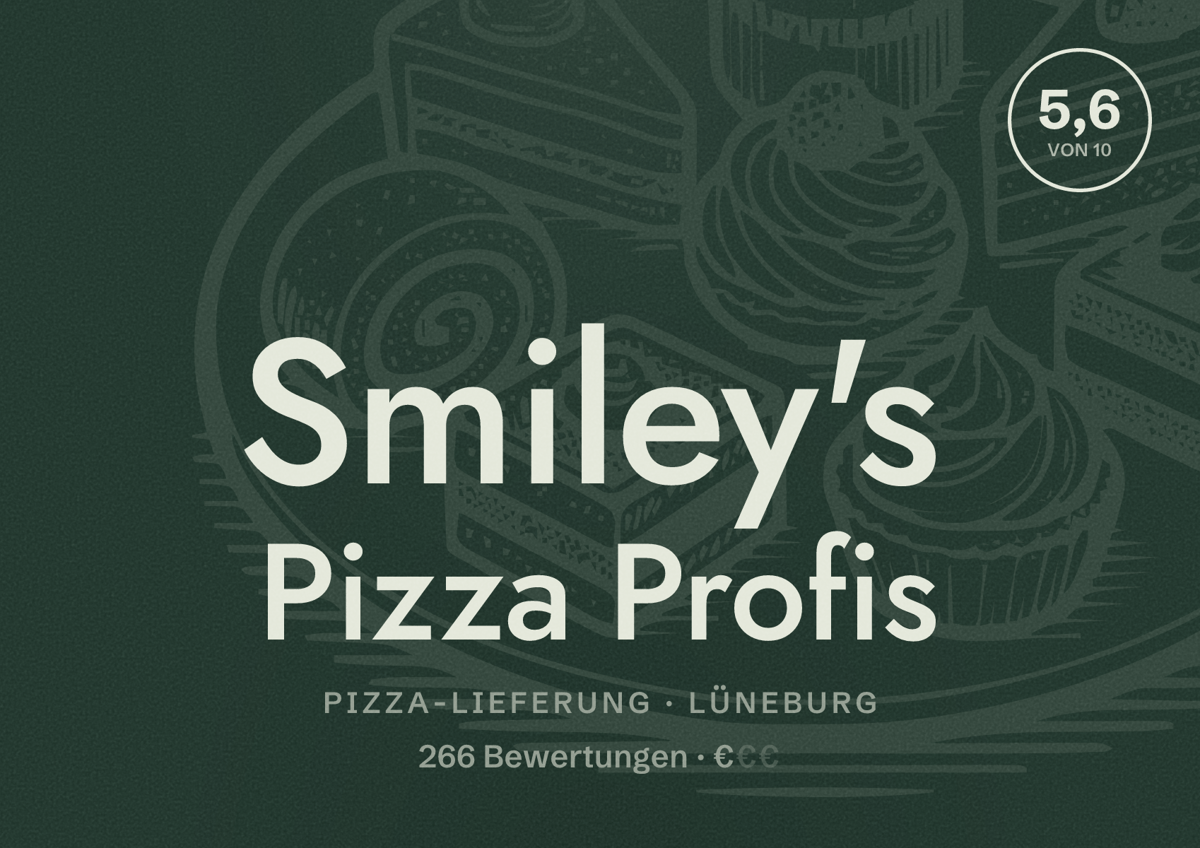 Illustriertes Poster von Smiley's Pizza Profis, Pizza-Lieferung in Lüneburg: Bewertung 5,6 von 10 aus 266 Bewertungen, Preisniveau €