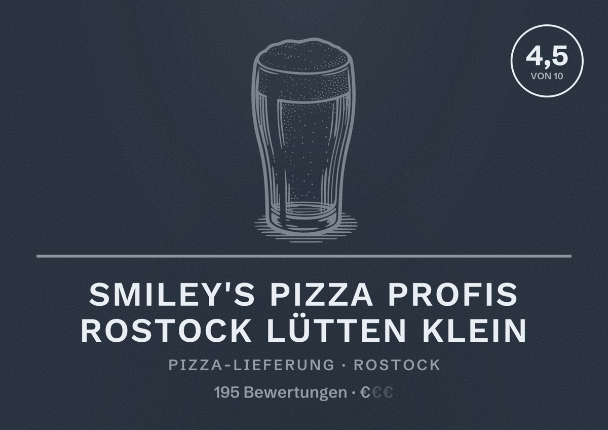 Illustriertes Poster von Smiley's Pizza Profis Rostock Lütten Klein, Pizza-Lieferung in Rostock: Bewertung 4,5 von 10 aus 195 Bewertungen, Preisniveau €