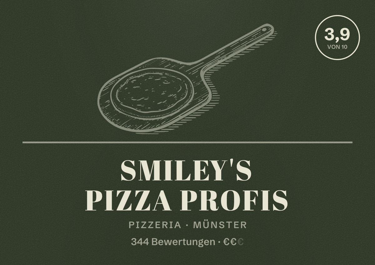 Illustriertes Poster von Smiley's Pizza Profis, Pizzeria in Münster: Gästebewertung 3,9 von 10 aus 344 Bewertungen