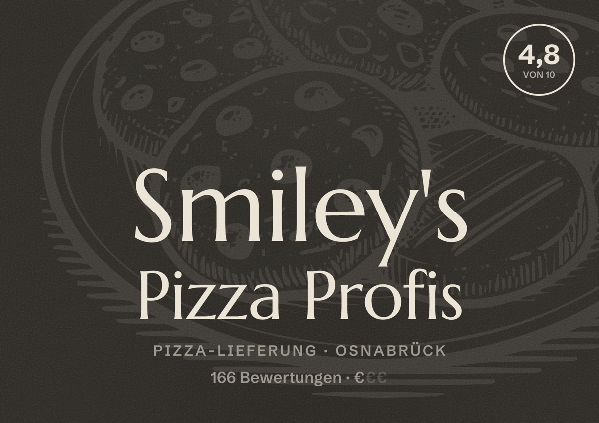Illustriertes Poster von Smiley's Pizza Profis, Pizza-Lieferung in Osnabrück: Bewertung 4,8 von 10 aus 166 Bewertungen, Preisniveau €