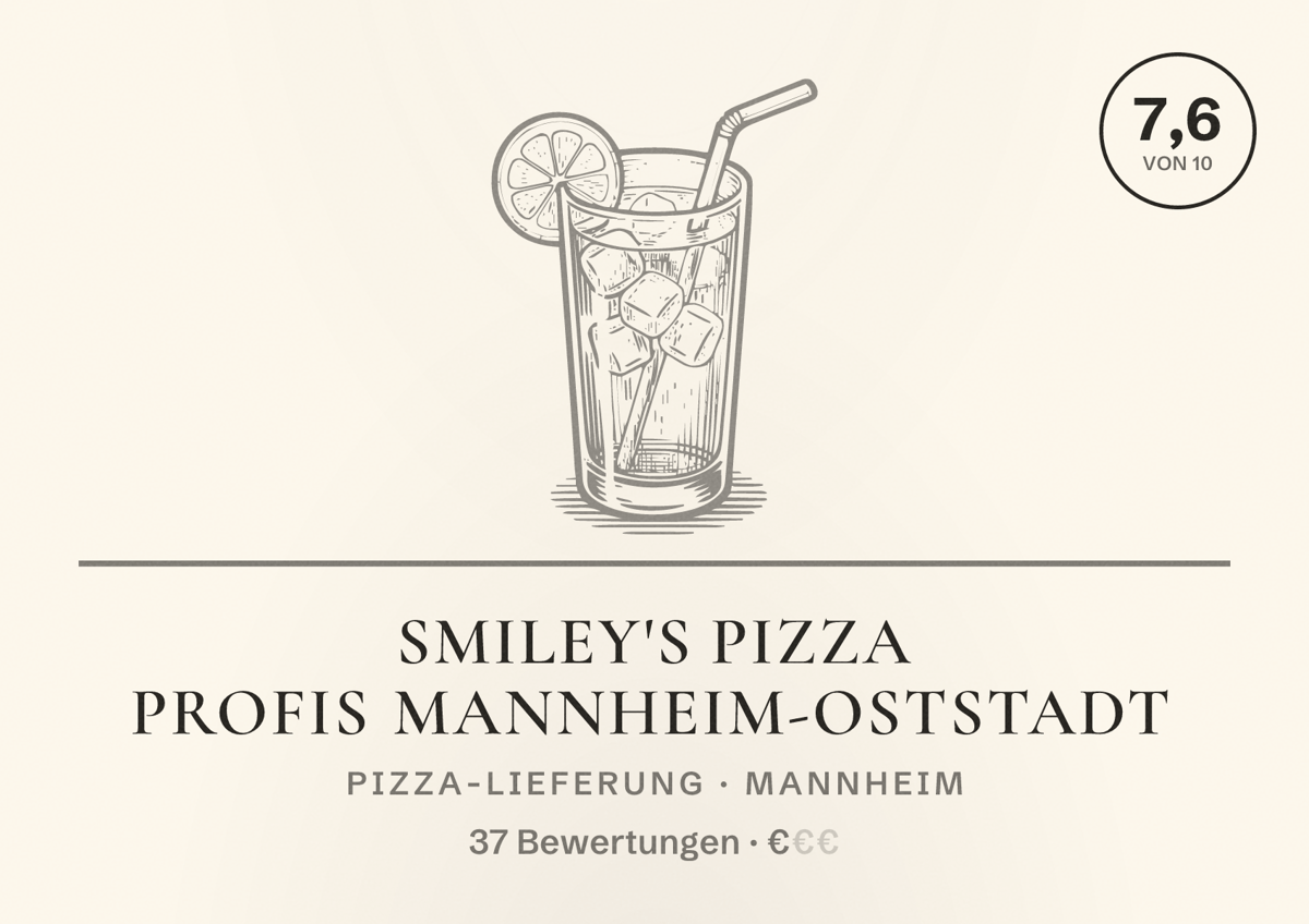 Illustriertes Poster von Smiley's Pizza Profis Mannheim-Oststadt, Pizza-Lieferung in Mannheim: Bewertung 7,6 von 10 aus 37 Bewertungen, Preisniveau €