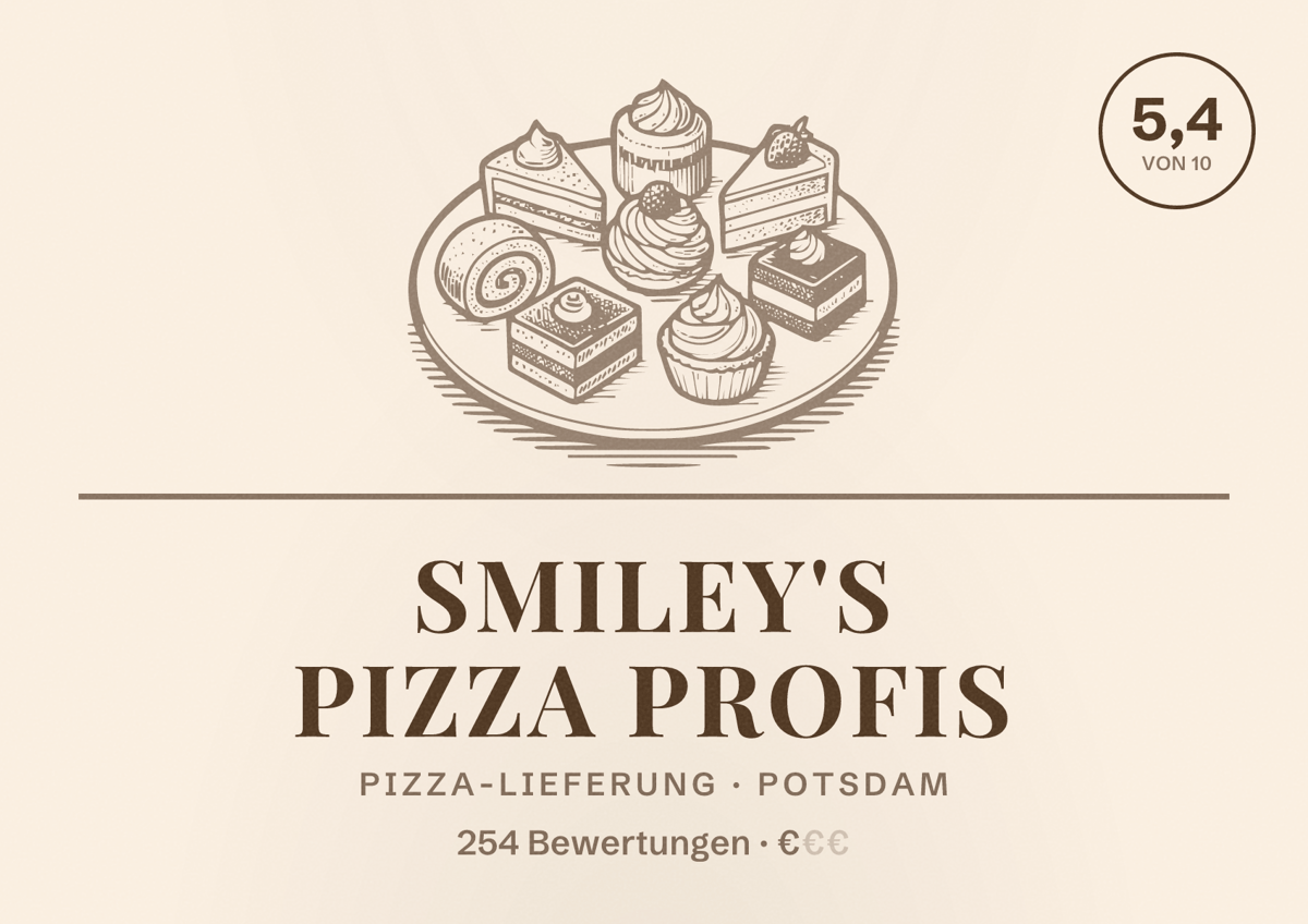 Illustriertes Poster von Smiley's Pizza Profis, Pizza-Lieferung in Potsdam: Bewertung 5,4 von 10 aus 254 Bewertungen, Preisniveau €