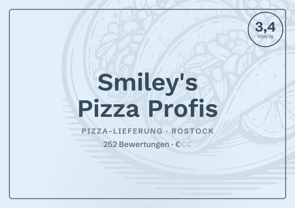 Illustriertes Poster von Smiley's Pizza Profis, Pizza-Lieferung in Rostock: Bewertung 3,4 von 10 aus 252 Bewertungen, Preisniveau €