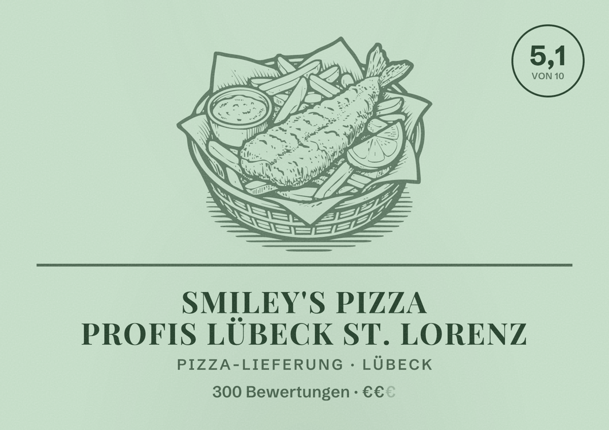 Illustriertes Poster von Smiley's Pizza Profis Lübeck St. Lorenz, Pizza-Lieferung in Lübeck: Bewertung 5,1 von 10 aus 300 Bewertungen, Preisniveau €€