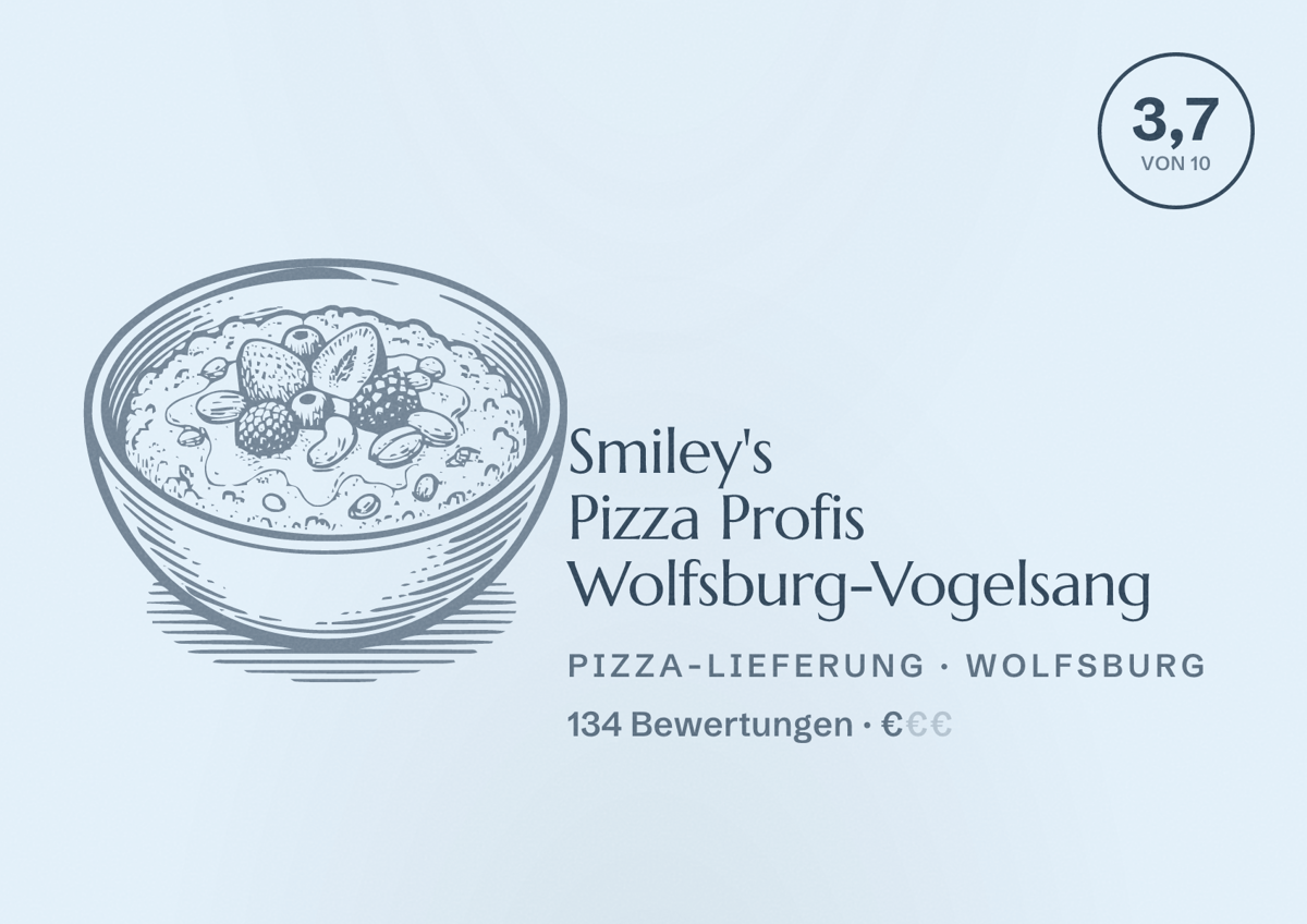 Illustriertes Poster von Smiley's Pizza Profis Wolfsburg-Vogelsang, Pizza-Lieferung in Wolfsburg: Bewertung 3,7 von 10 aus 134 Bewertungen, Preisniveau €