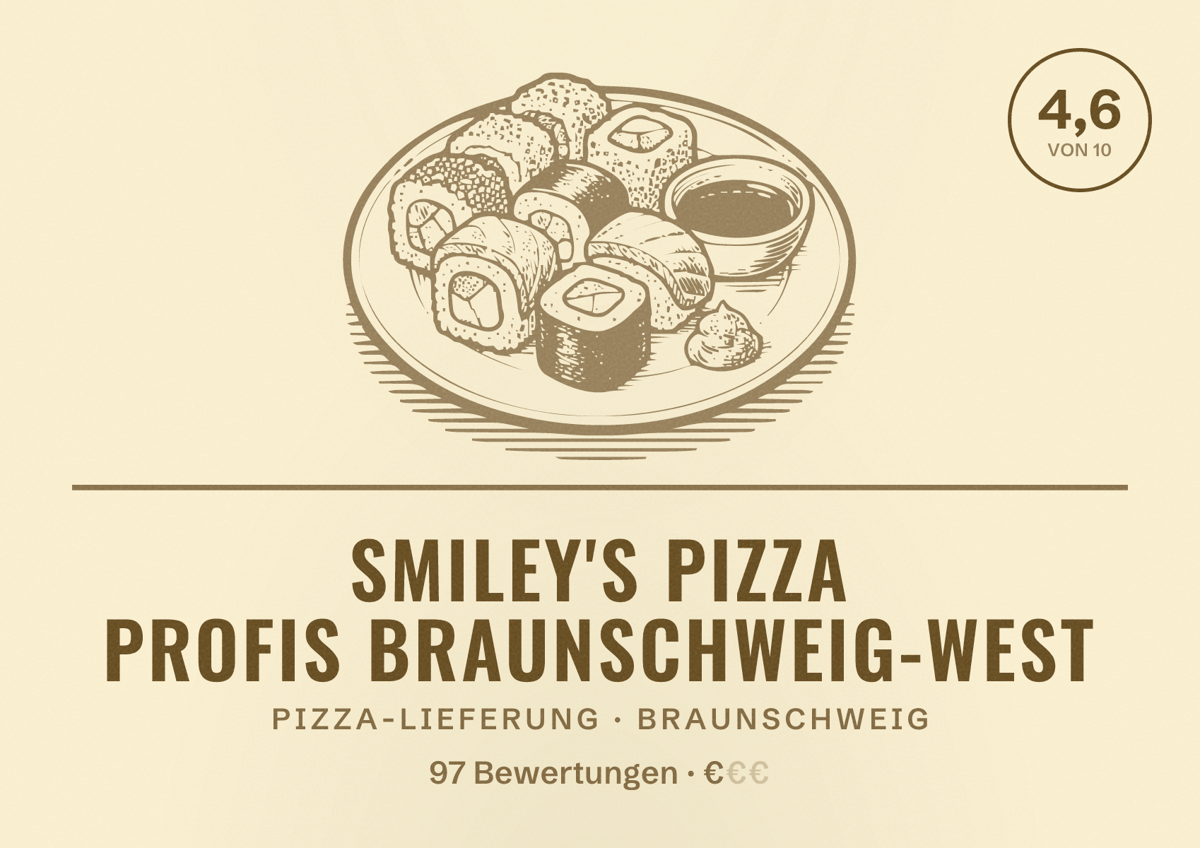 Illustriertes Poster von Smiley's Pizza Profis Braunschweig-West, Pizza-Lieferung in Braunschweig: Bewertung 4,6 von 10 aus 97 Bewertungen, Preisniveau €