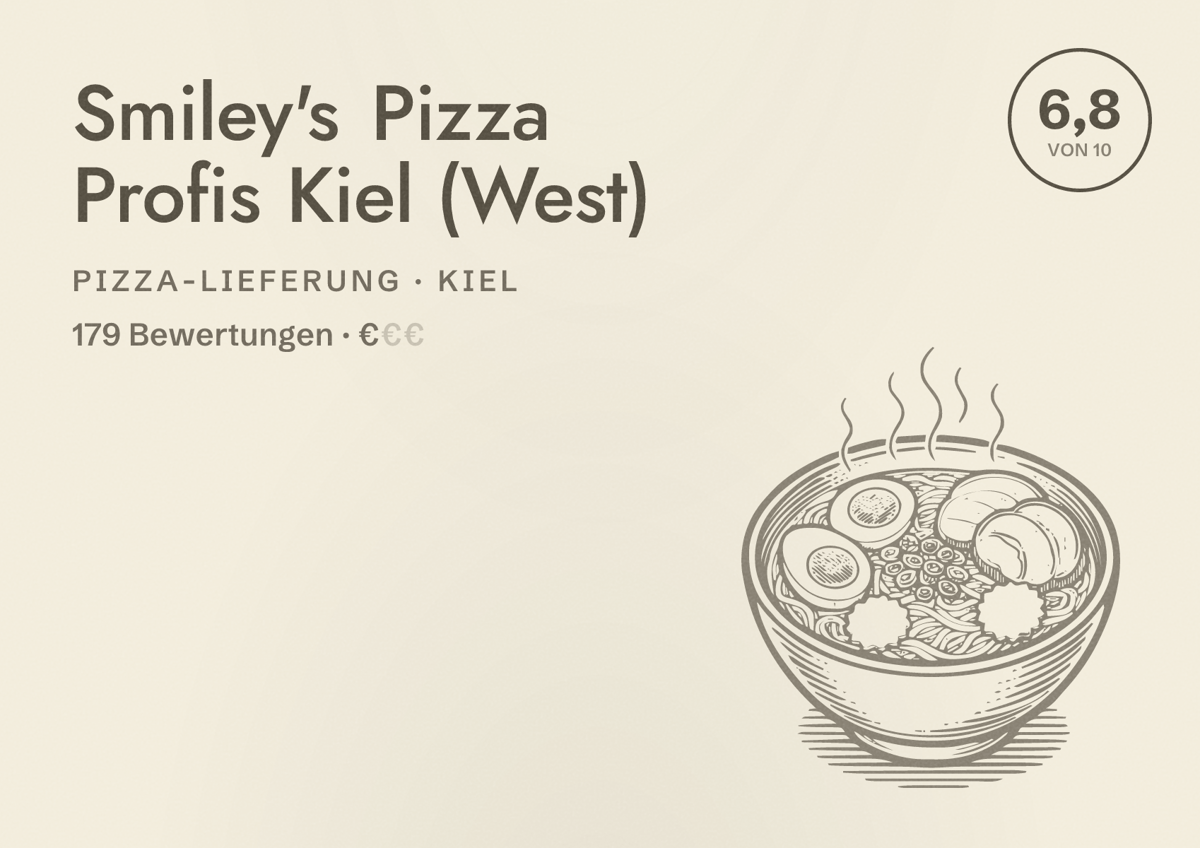Illustriertes Poster von Smiley's Pizza Profis Kiel (West), Pizza-Lieferung in Kiel: Bewertung 6,8 von 10 aus 179 Bewertungen, Preisniveau €