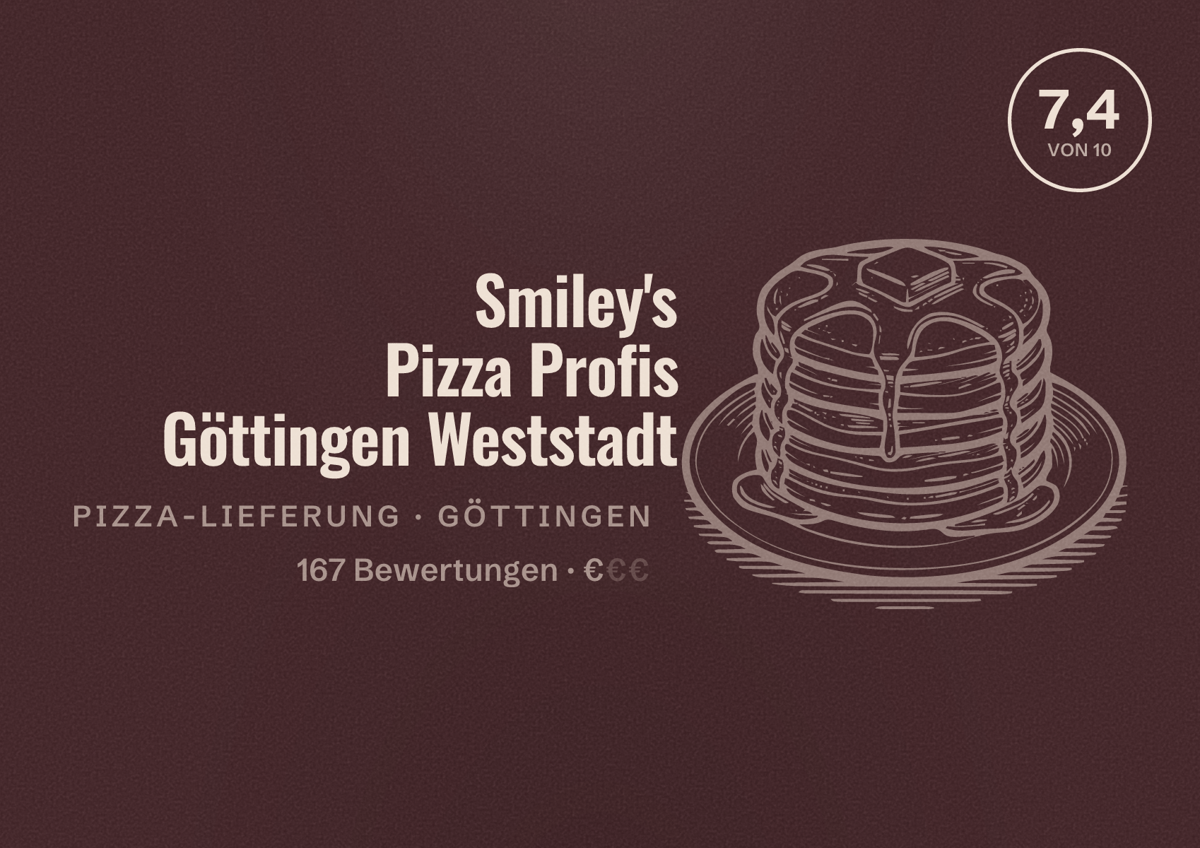 Illustriertes Poster von Smiley's Pizza Profis Göttingen Weststadt, Pizza-Lieferung in Göttingen: Bewertung 7,4 von 10 aus 167 Bewertungen, Preisniveau €