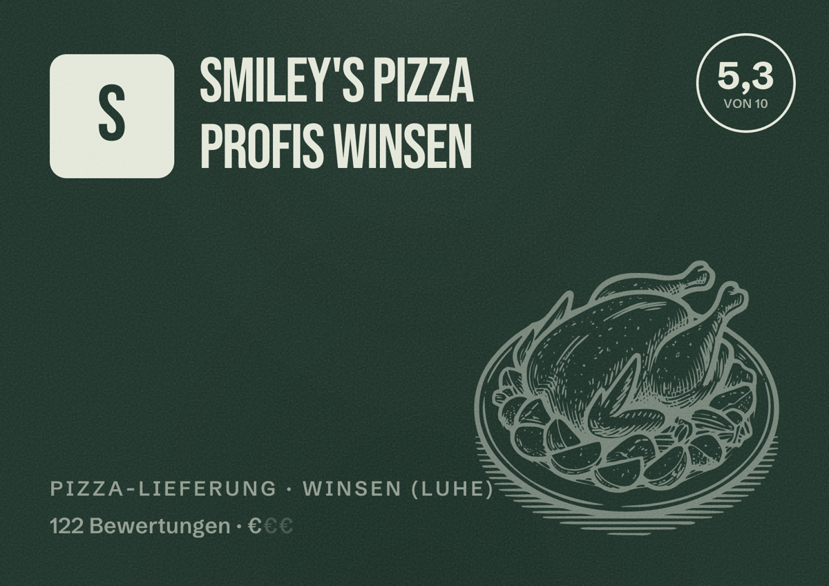 Illustriertes Poster von Smiley's Pizza Profis Winsen, Pizza-Lieferung in Winsen (Luhe): Bewertung 5,3 von 10 aus 122 Bewertungen, Preisniveau €
