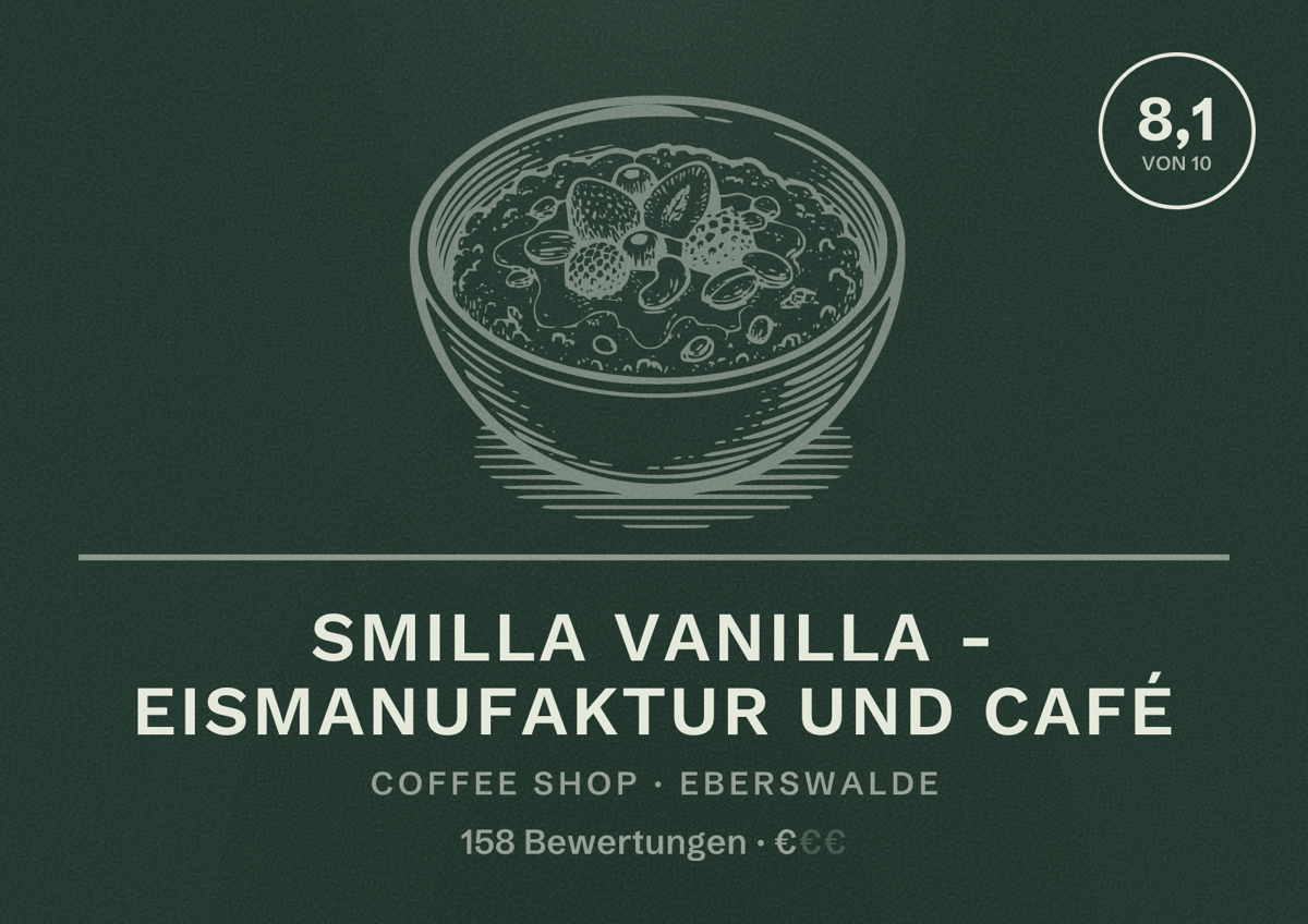 Illustriertes Poster von Smilla Vanilla - Eismanufaktur und Café, Coffee Shop in Eberswalde: Bewertung 8,1 von 10 aus 158 Bewertungen, Preisniveau €