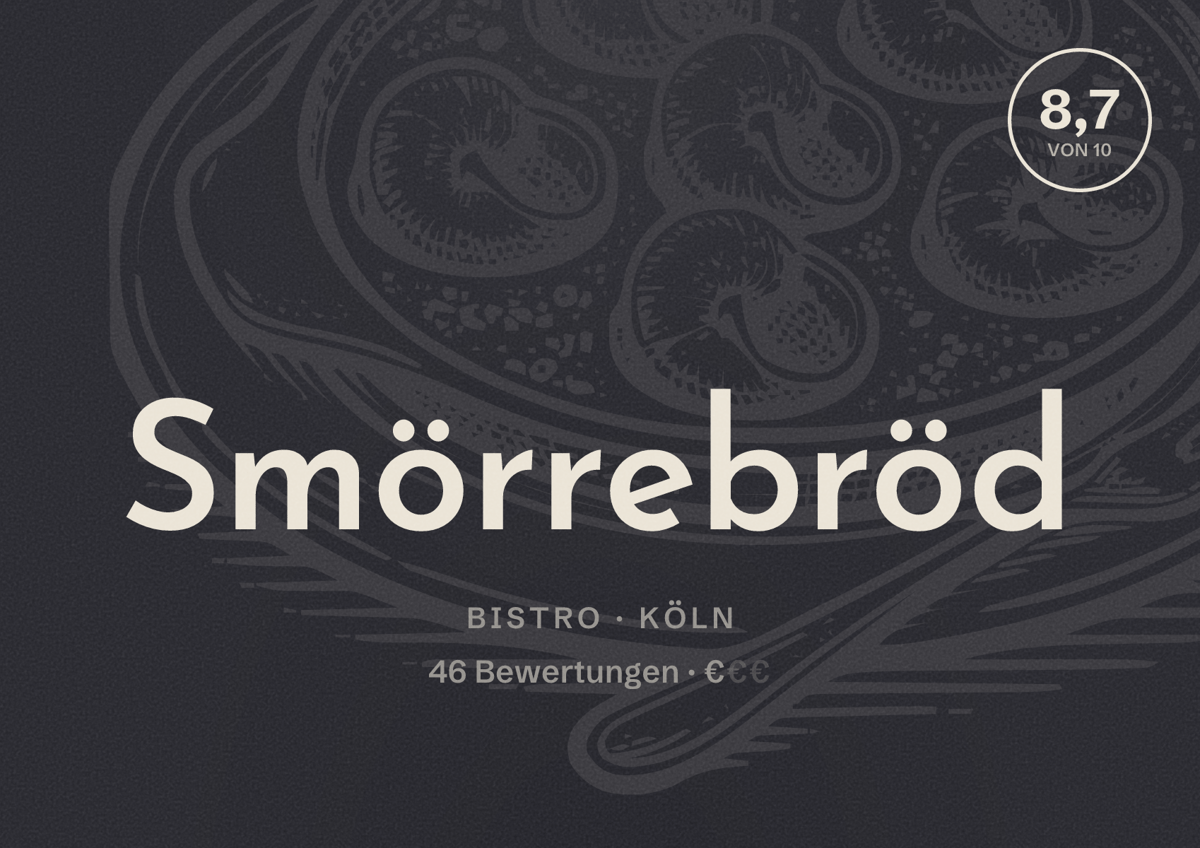 Illustriertes Poster von Smörrebröd, Bistro in Köln: Bewertung 8,7 von 10 aus 46 Bewertungen, Preisniveau €