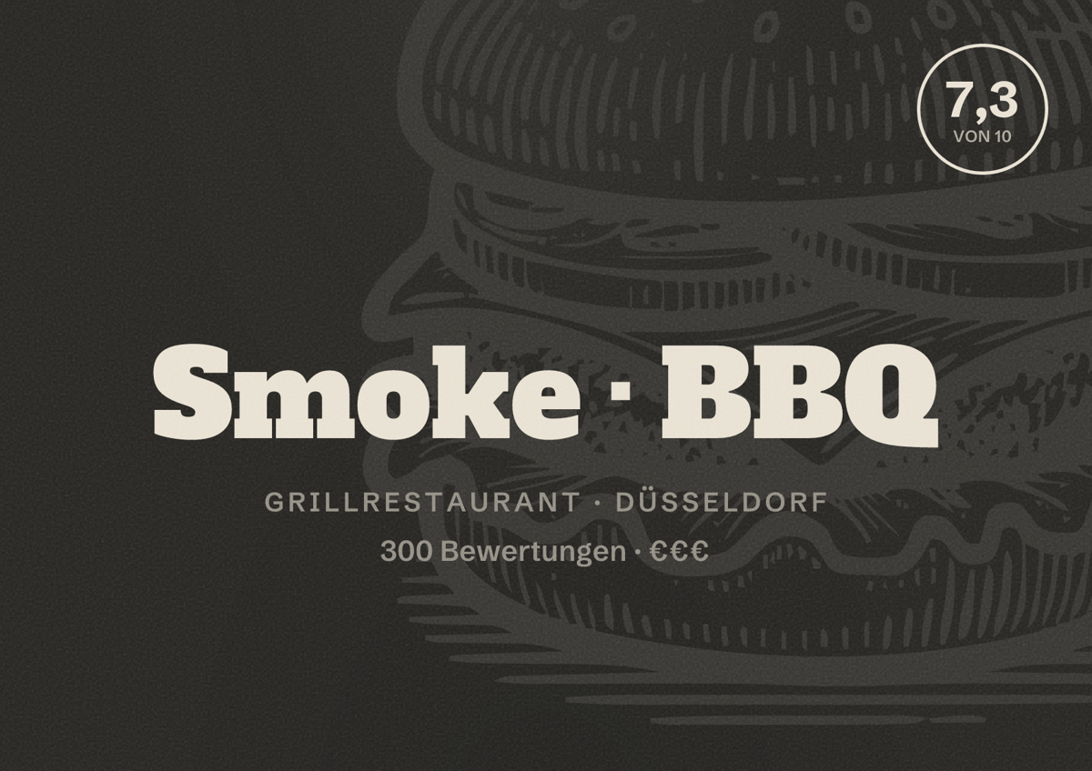 Illustriertes Poster von Smoke BBQ, Grillrestaurant in Düsseldorf: Bewertung 7,3 von 10 aus 300 Bewertungen, Preisniveau €€€