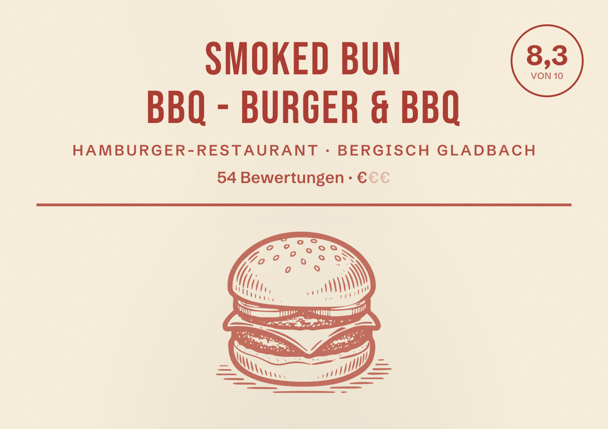 Illustriertes Poster von Smoked Bun BBQ - Burger & BBQ, Hamburger-Restaurant in Bergisch Gladbach: Bewertung 8,3 von 10 aus 54 Bewertungen, Preisniveau €