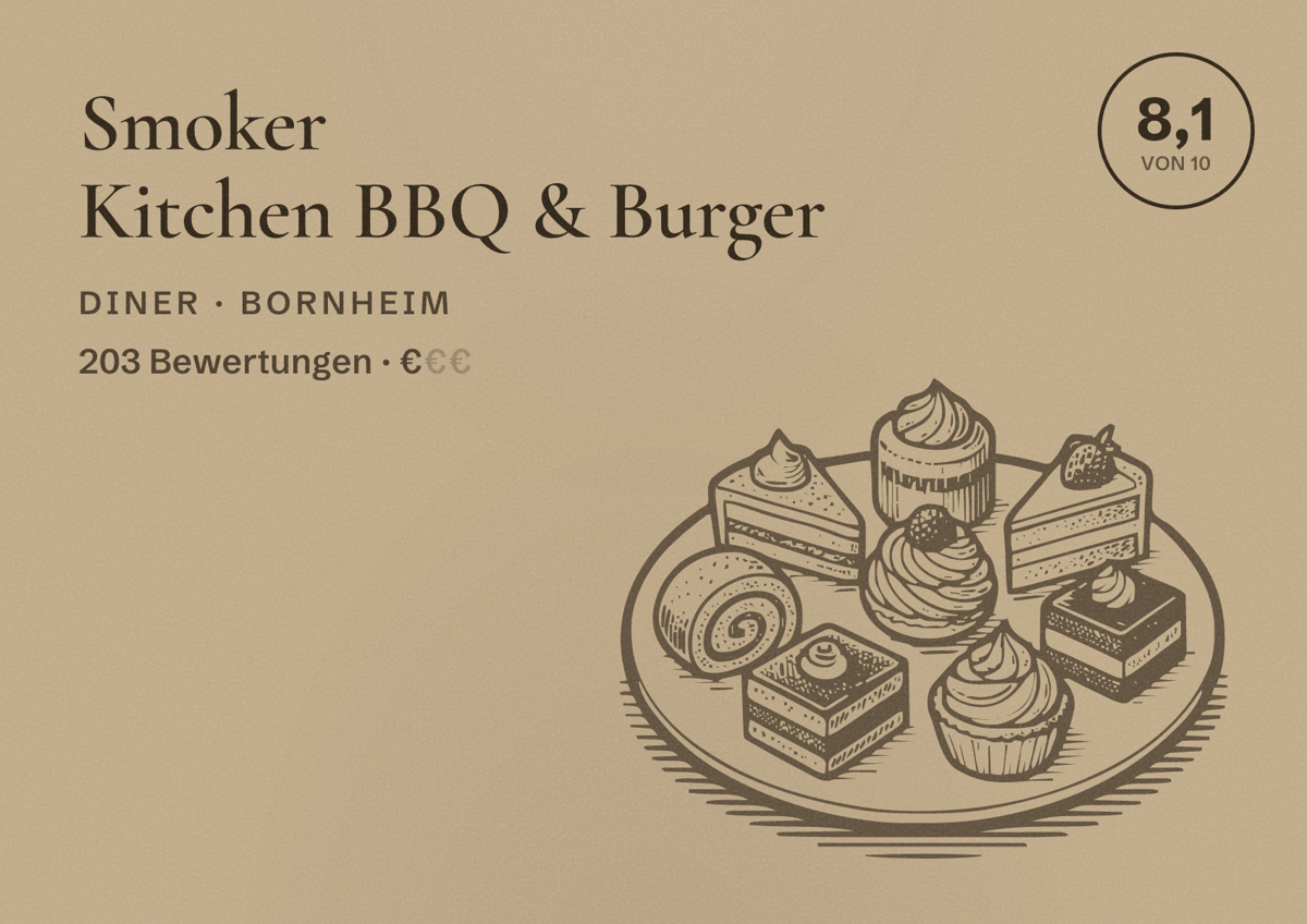 Illustriertes Poster von Smoker Kitchen BBQ & Burger, Diner in Bornheim: Bewertung 8,1 von 10 aus 203 Bewertungen, Preisniveau €