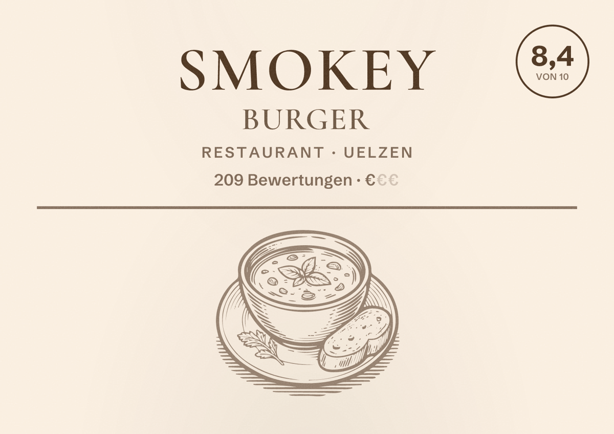 Illustriertes Poster von Smokey Burger, Restaurant in Uelzen: Bewertung 8,4 von 10 aus 209 Bewertungen, Preisniveau €