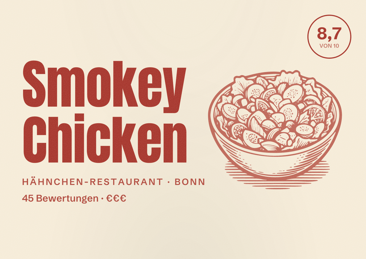 Illustriertes Poster von Smokey Chicken, Hähnchen-Restaurant in Bonn: Bewertung 8,7 von 10 aus 45 Bewertungen, Preisniveau €€€