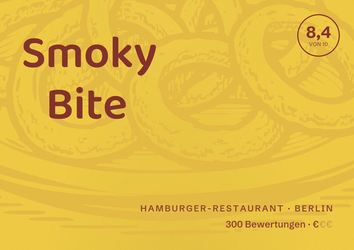 Illustriertes Poster von Smoky Bite, Hamburger-Restaurant in Berlin: Bewertung 8,4 von 10 aus 300 Bewertungen, Preisniveau €