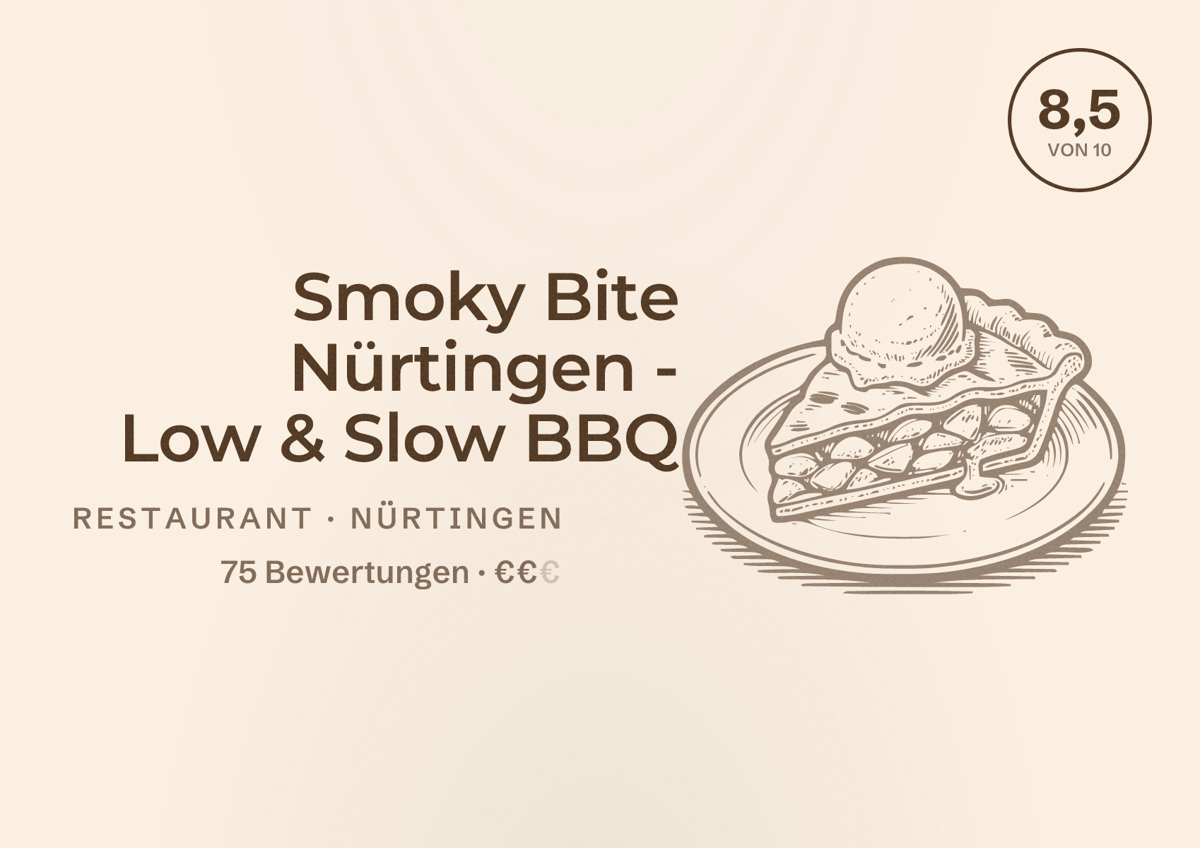Illustriertes Poster von Smoky Bite Nürtingen - Low & Slow BBQ, Restaurant in Nürtingen: Bewertung 8,5 von 10 aus 75 Bewertungen, Preisniveau €€